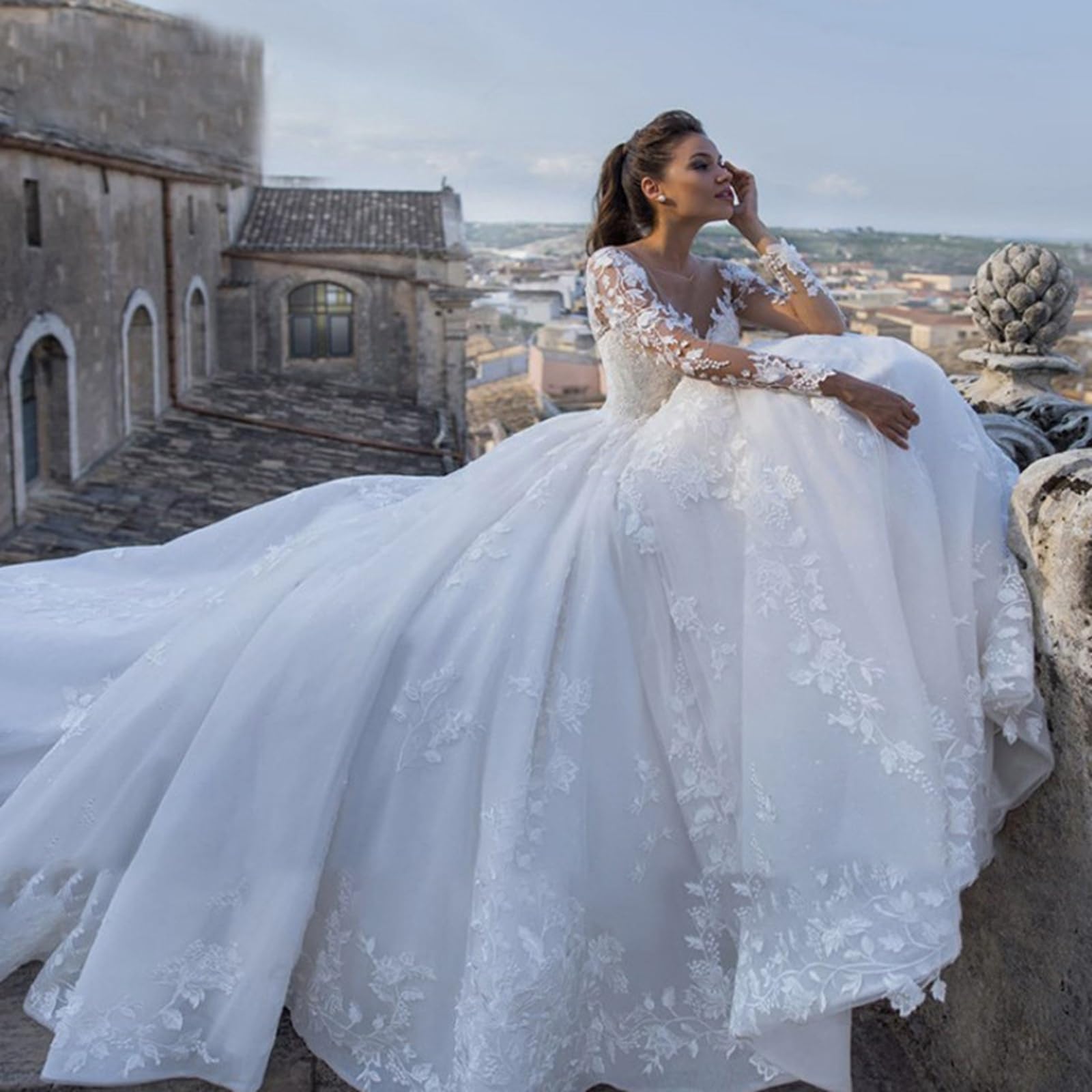 Brautkleider A-Line Brautkleider Spitzen Applikationen Langarmes Vintage Elegante Weiße Kleider Prinzessin Hochzeitskleid Angepasst