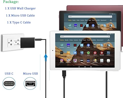 Vista 2 de Cargador rápido para tablet Fire HD10 con cable micro USB tipo C de 5 pies para cargar Fire HD 10 y Fire HD 10 Plus, Kids Pro, edición para niños