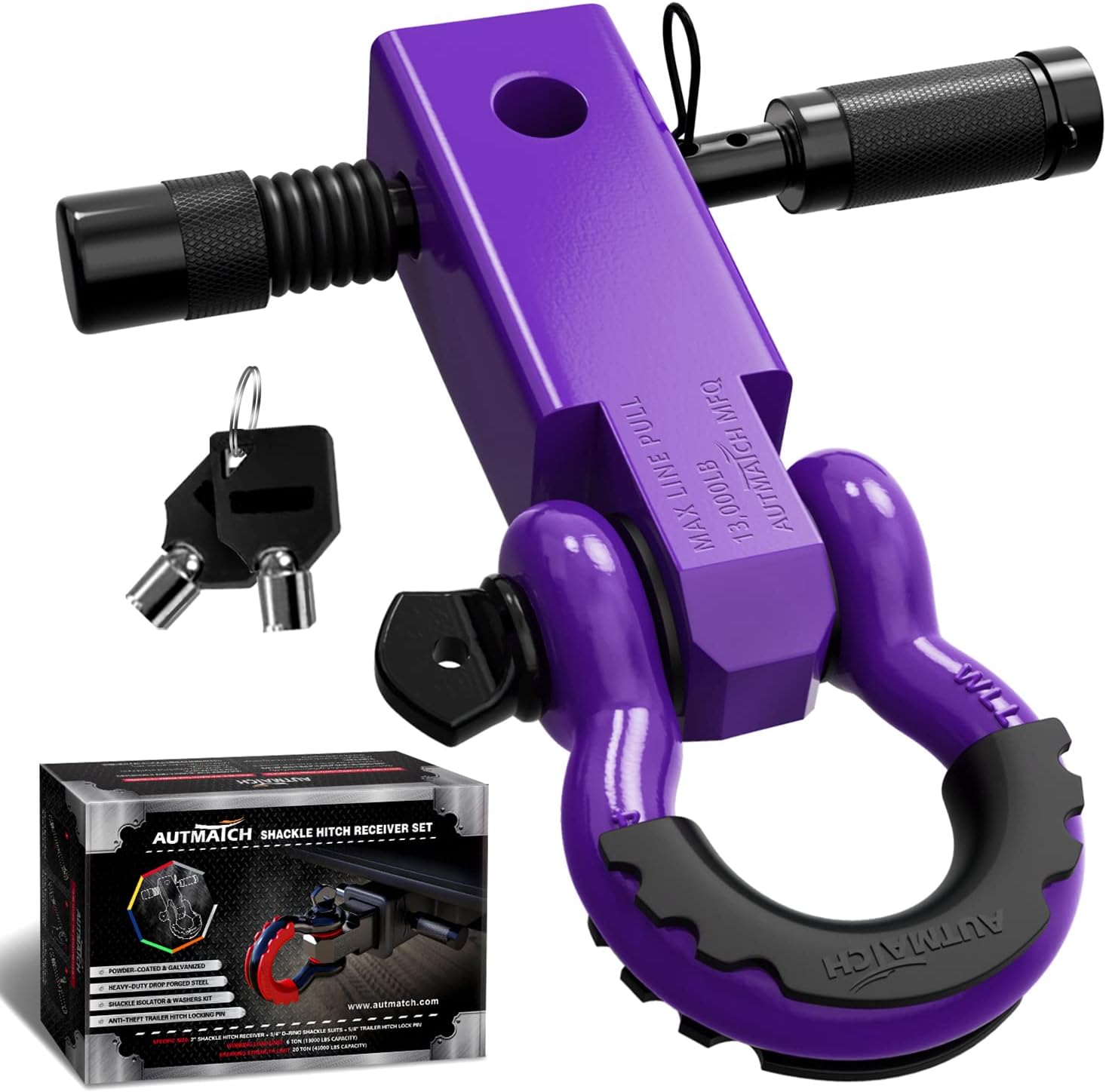 AUTMATCH Shackle Hitch Receiver 2 Inch - 3/4" D Ring Shackle and 5/8" Trailer Hitch Lock Pin, 45,000 Lbs Break Strength Heavy Duty Receiver Kit for Vehicle Recovery, Purple