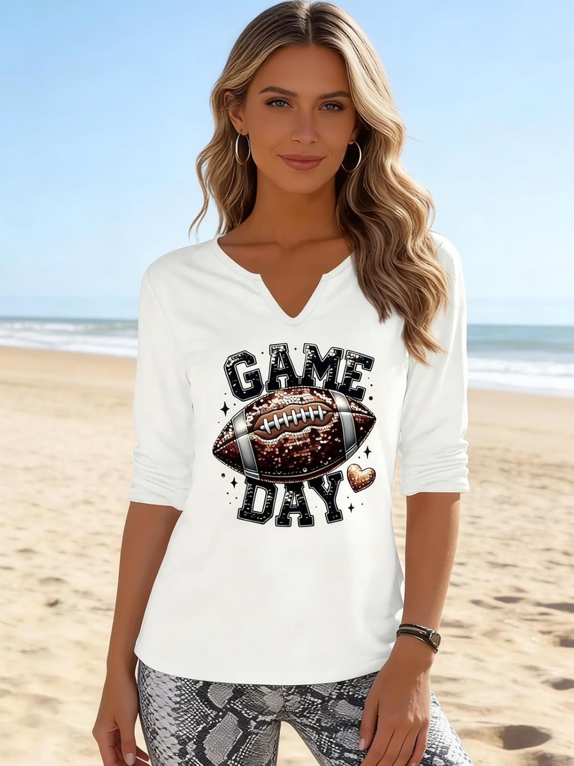 Women's Graphic Football Long Sleeve T-Shirt, Game Day V-Neck Loose Fit Tee Womens T Shirts for Game Day & Football Season
