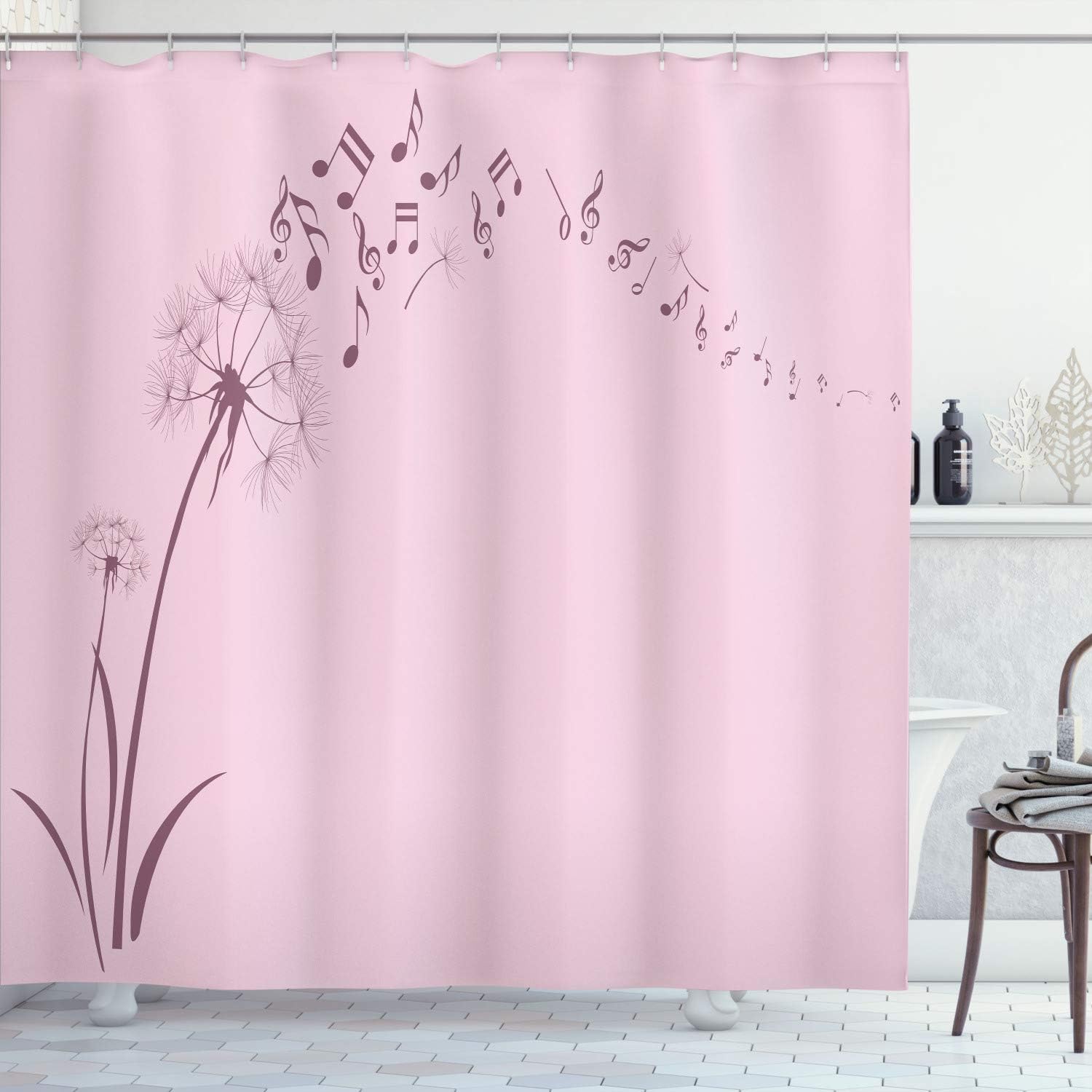 Ambesonne Music Shower Curtain, Flying Dandelions Notes Summer Spring Meadow Silhouette Softness Simple Print, Cloth Fabric Bathroom Decor Set with Hooks, 75" Long, Pale Fuchsia