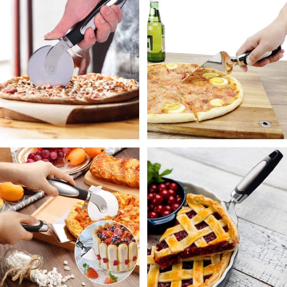 HOUPDA Pizza Peel with Foldable Handle, 3 Pack Pizza Spatula Set with Pizza Cutter Wheel & Pie Server, 12.4” x 10” Stainless Steel Pizza Paddle Shovel for Homemade Pizza, Pies,Cake and Bread: Home & Kitchen