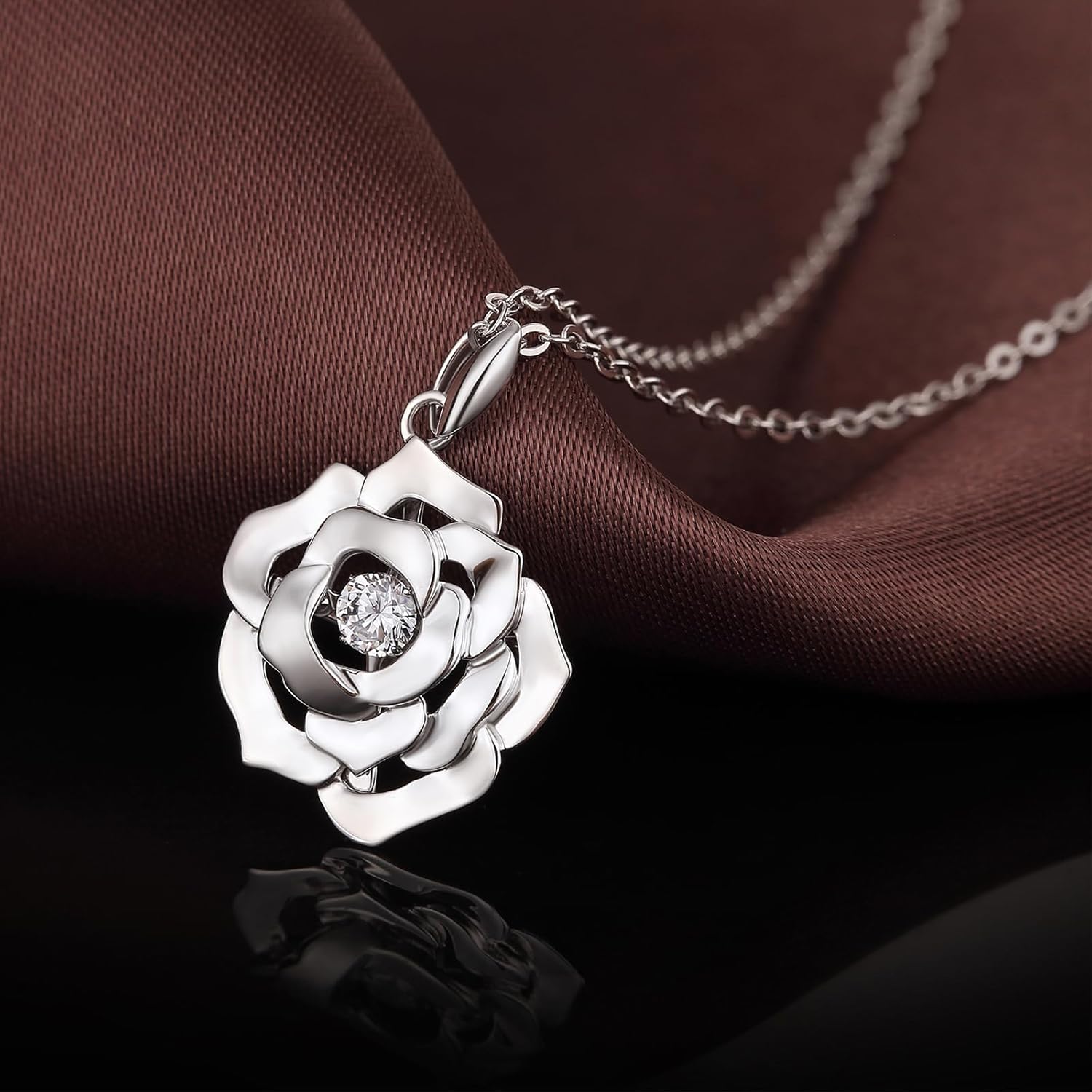 Han han 925 Sterling Silver Rose Pendant Necklace for Women with 5A+ Cubic Zirconia - Image 4