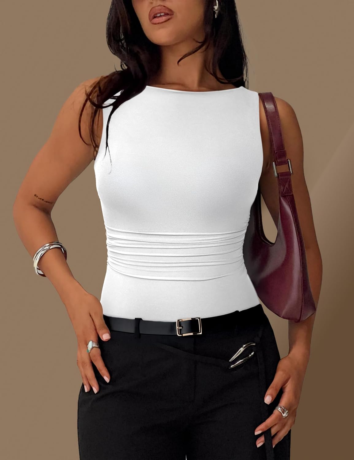 SAUNGKUAI Women's Sleeveless Shirts Mesh Ruched Bodysuit Double Lined Boat Neck Body Suits Going Out Tops Date Outfits - Image 3