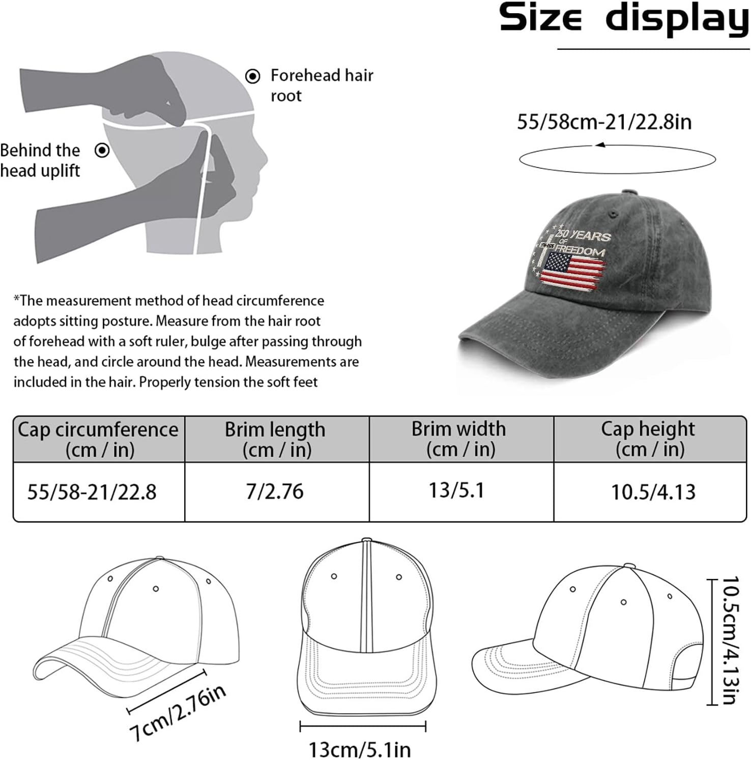 US 250th Anniversary Hat, Patriotic Embroidered Cap, 1776-2026 Freedom Celebration, 250 Years American History Gift Patriots image 3