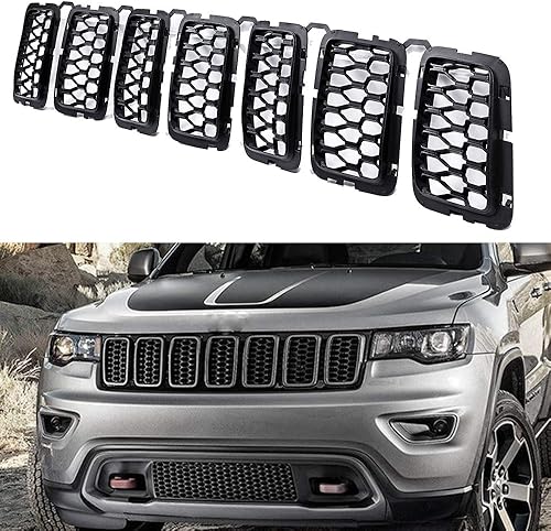 Miniatura 2 de 7 piezas de rejilla frontal de nido de abeja negro para parrilla de coche compatible con Jeep Grand Cherokee 2017 2018 2019 2020 2021