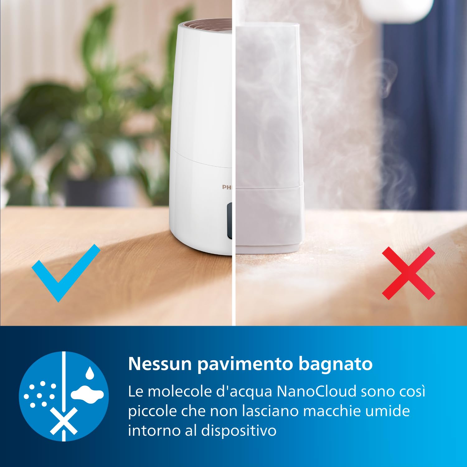Philips 3000 Series Umidificatore D'aria - 45m² Umidificatore d'ambiente, NanoCloud, 3 Velocità, Modalità Sleep, Serbatoio 2 litri (HU3916/10)