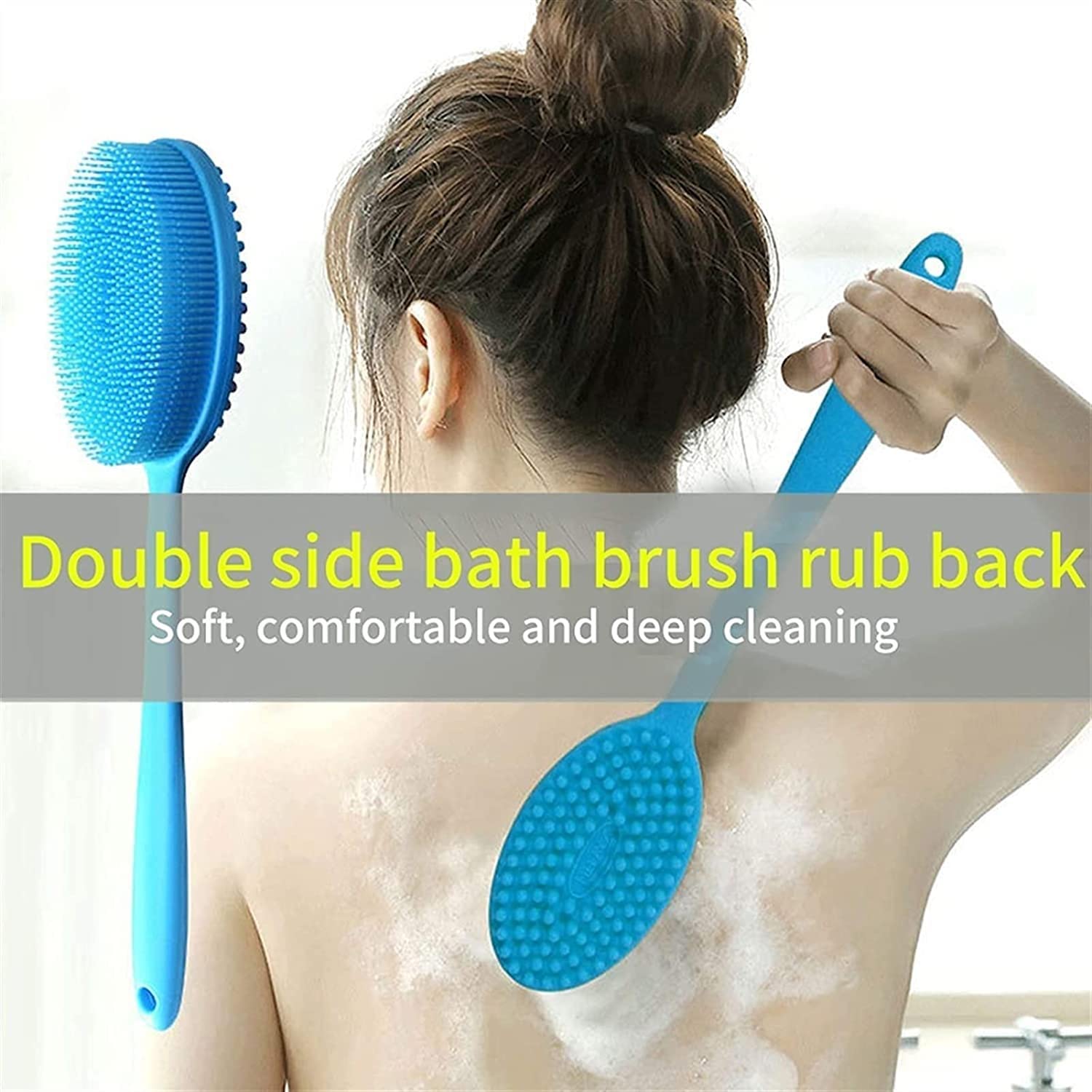 Silicona de Doble Cara Frote Trasero Multifuncional Baño Ducha Cuerpo Exfoliante Masaje Champú Cepillo con Mango Largo (Color : Blue)