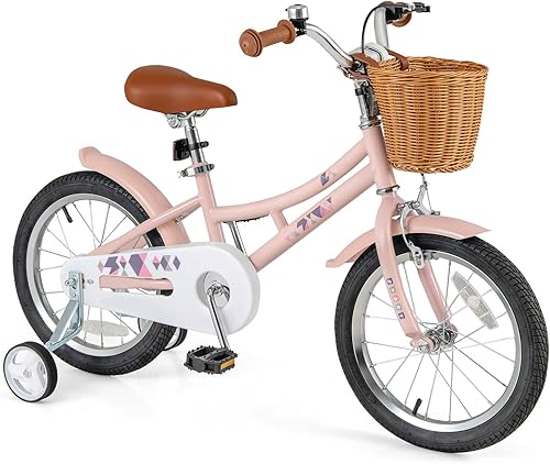 Miniatura 9 de BABY JOY Bicicleta retro para niños, 12, 14, 16, 18 pulgadas, para niños de 3 a 8 años, con cesta de ratán, altura ajustable, ruedas de Amarillo