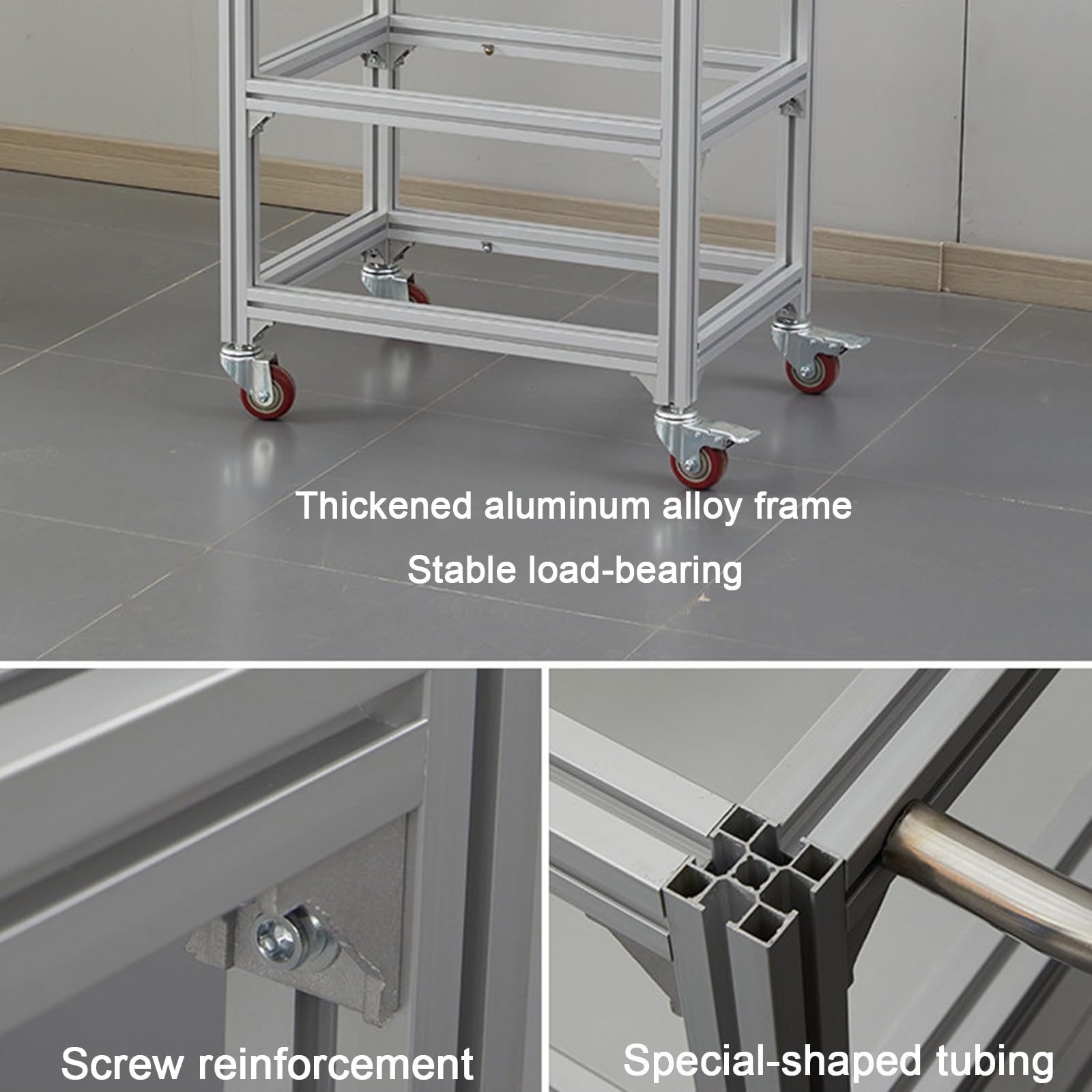 Établi en Acier Inoxydable à Trois Niveaux avec Cadre en Alliage D'aluminium Établis de Cuisine Équipé de roulettes Pivotantes Équipé de Poignées Renforcé par des Vis Adapté en Entrepôt