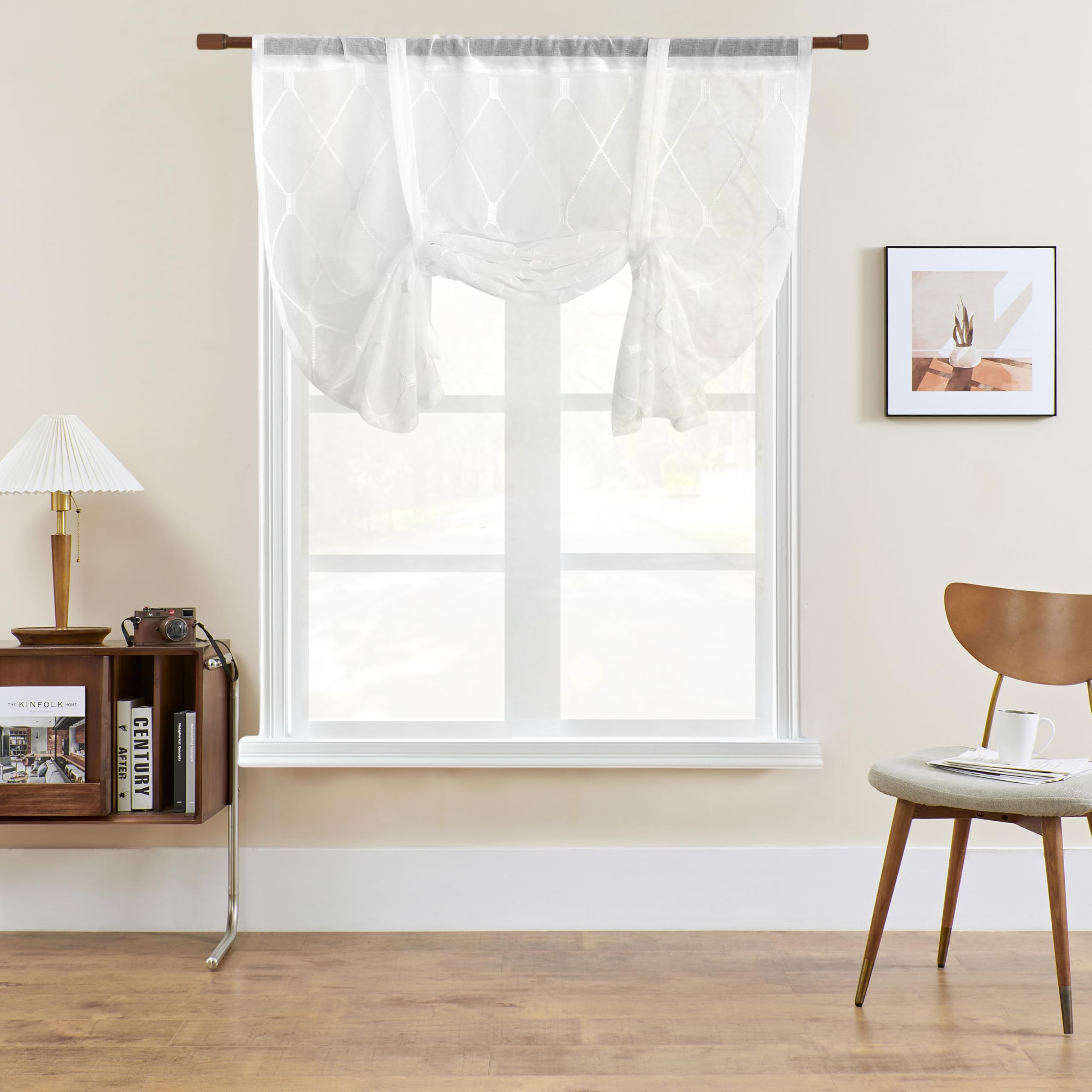 SIMPVALE 1 Piece Roman Blinds Curtains - Tie up Roman Curtain Rod Pocket Voile Curtains - for Bedroom, Study, Bathroom, Kitchen, White, 100x120cm