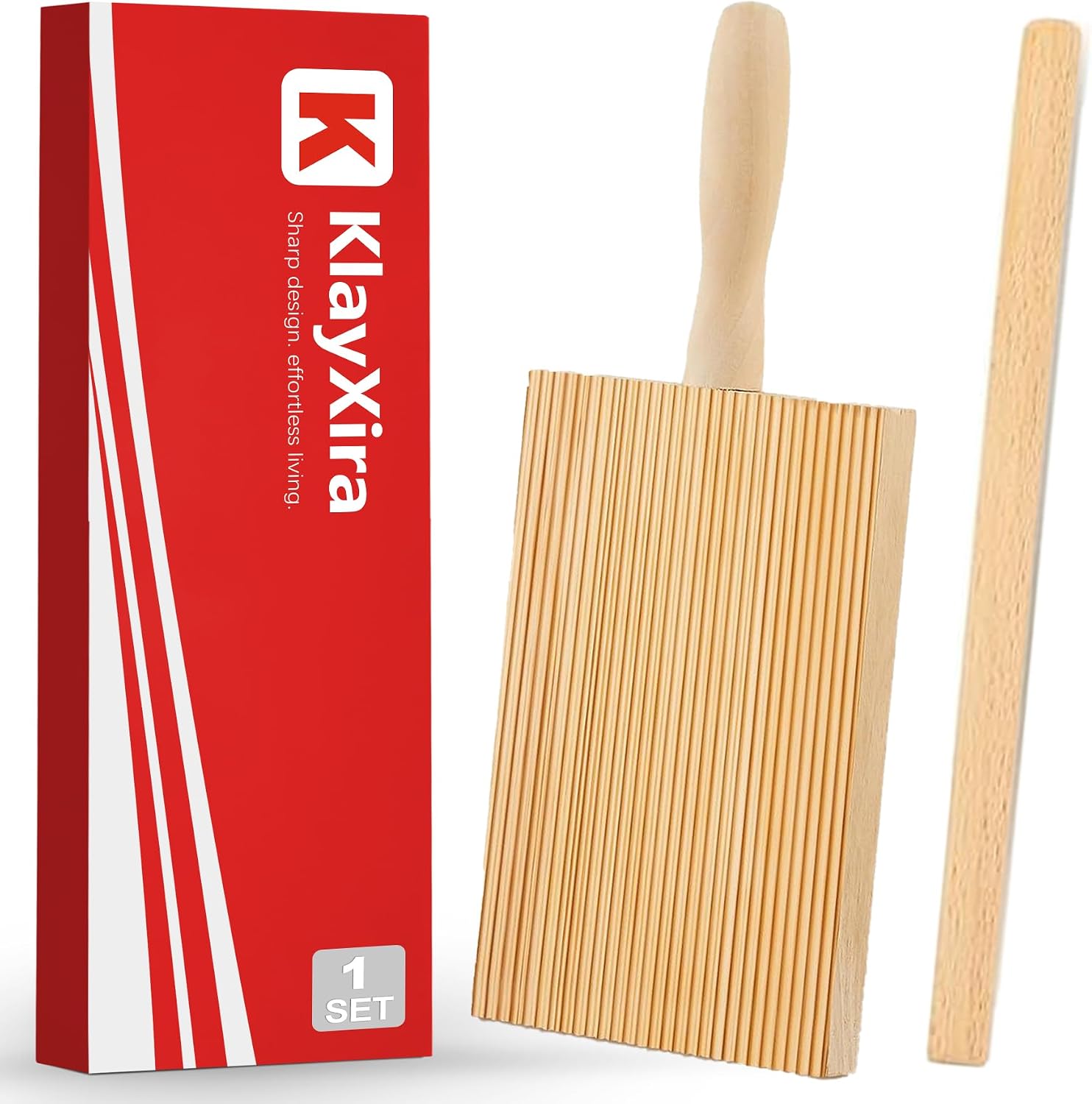 Wooden Gnocchi Board Set with Paddle & Rolling Pin, Authentic Homemade Pasta Making Tool, Italian Style Kitchen Cooking Accessory