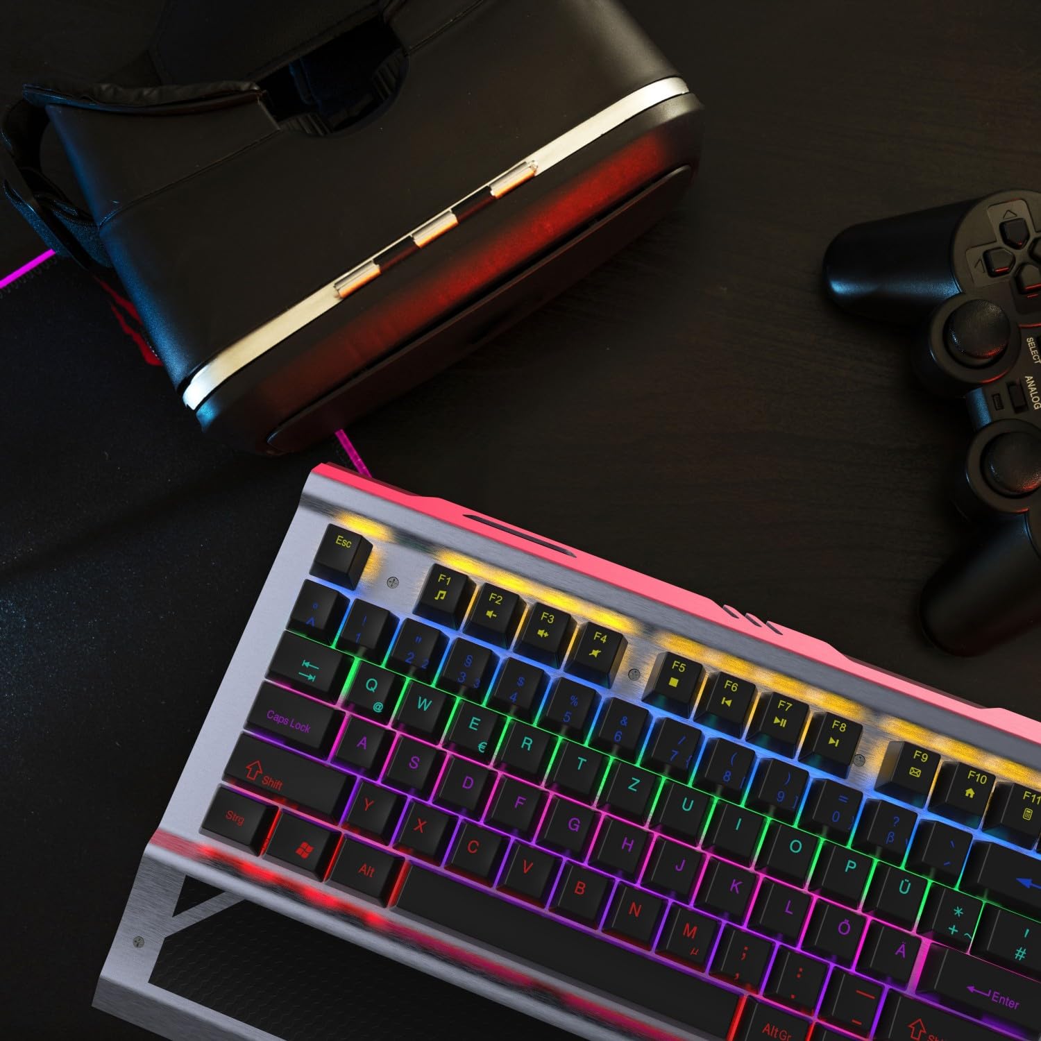 Inca IKG-444 Ophira RGB Clavier de Jeu mécanique 104 Touches Anti-ghosting Boîtier en Aluminium USB QWERTZ avec extracteur de Touches et kit de Nettoyage Compatible avec Windows, Mac, Linux