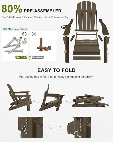 Miniatura 7 de Sillas Adirondack plegables  Sillas Adirondack de plástico con portavasos, resistentes a la intemperie para exteriores, patio, césped, jardín,