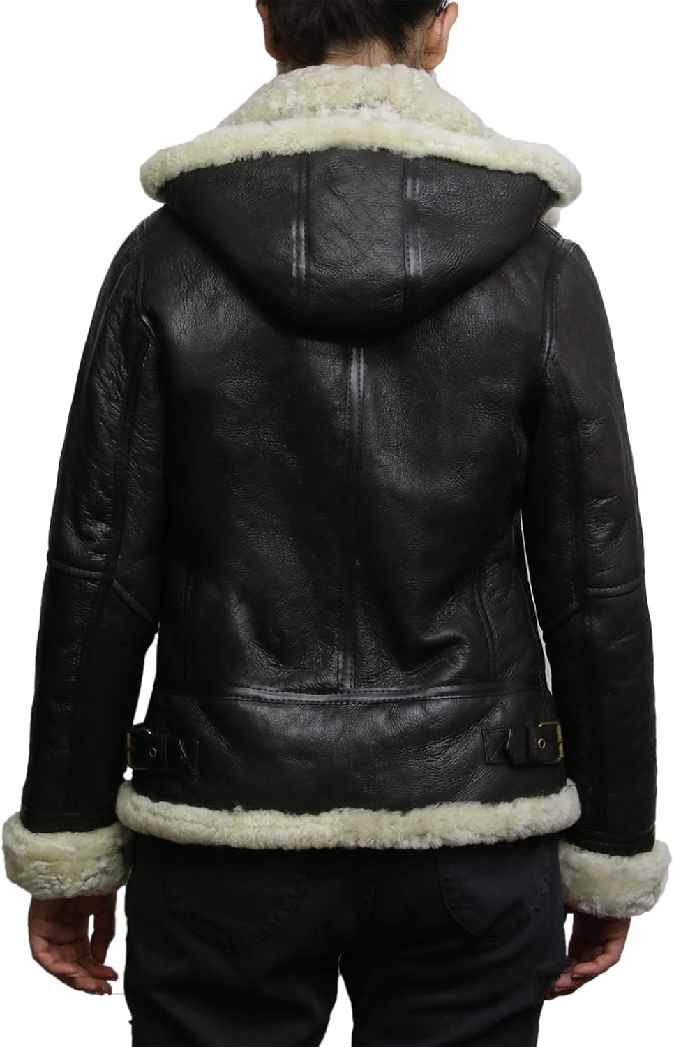 BRANDSLOCK Women's Genuine Sheepskin Leather Flying Aviator Winter Jacket With Hood