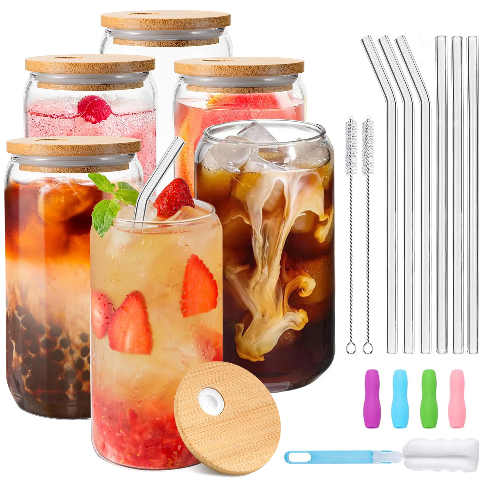 6 Pack Glass Cups with Lids and Straws, 16oz/480ml Drinking Glasses with Bamboo Lids, Iced Coffee Cup Glass Tumbler for Beer, Cocktail, Milk, Ice Water