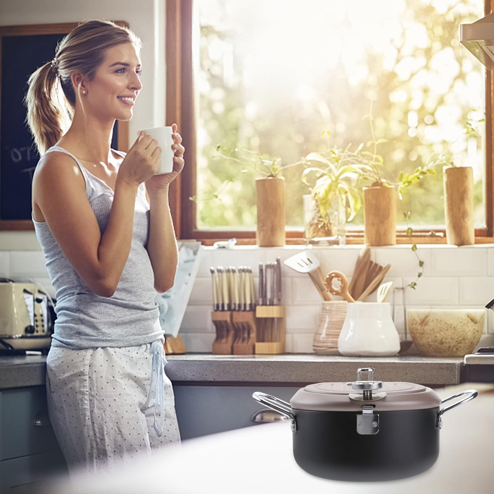 POPETPOP Freidora Japonesa Termómetro y Filtro de Aceite Sartén Profunda Anti-Salpicaduras con Tapa y Rejilla para Escurrir Utensilio para Freír Cocina de Gas y Eléctrica