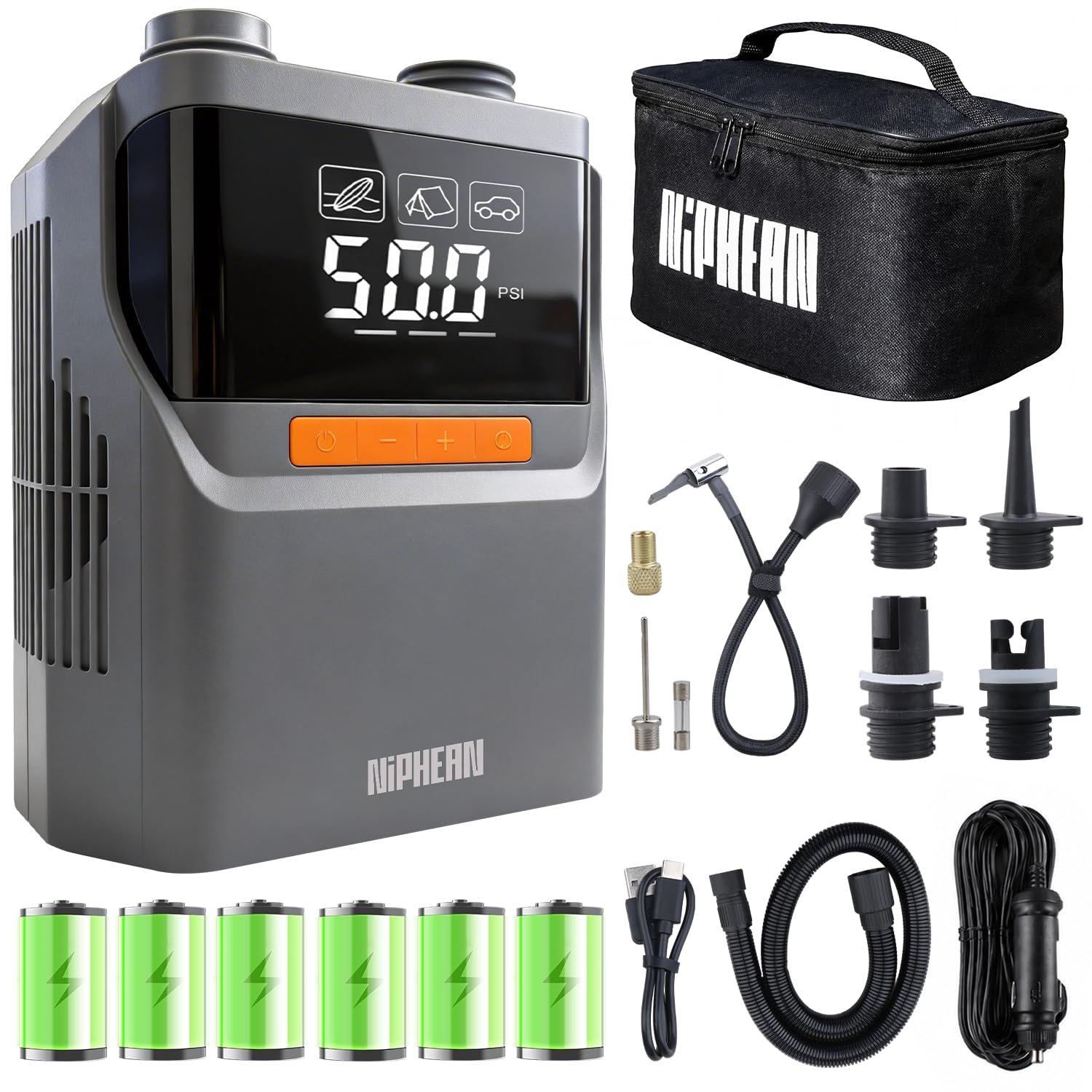 Niphean Paddle Board Pump with (Build-in Battery), 50 PSI Tyre Inflator for Car, Paddle Board, Mattress, Portable Car Tyre Inflator with Storage Bag, Auto-Off Electric Pump for Inflatables&Deflation
