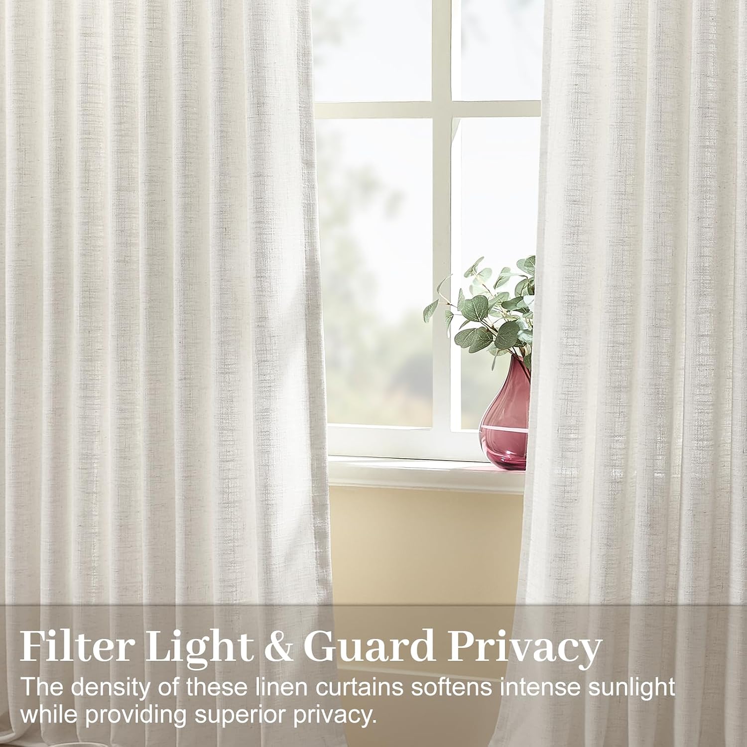pinch pleated sheer curtains 84 inches long for living room, linen blend curtain rustic textured light filtering back tab drapes with hook rings for bedroom office, beige white, w40xl84, 2 panels beige white 40"w x 84"l (pack of 2)