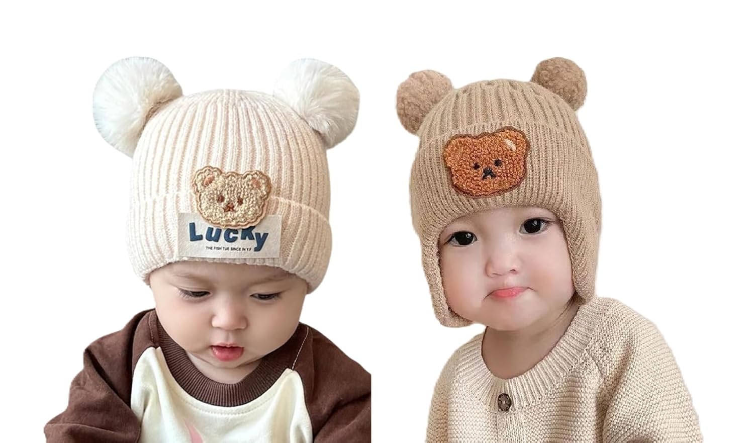 ANESHA Pink & Brown Bear Ears Beanie for Girls & Boys | 2-Pack Winter Knit Cap | 1-6 Years