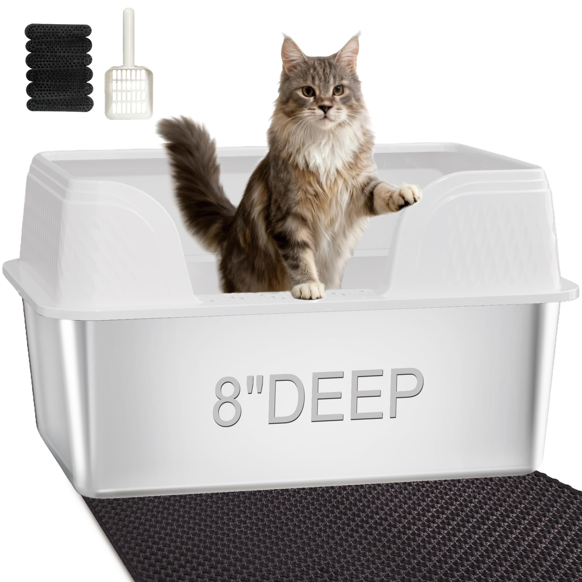 XXL Stainless Steel Litter Box with Lid, Extra Large High Sided Litter Box for Big Cats or Multiple Cats, Anti-Splashing, Easy Clean, No Smell, White Enclosure