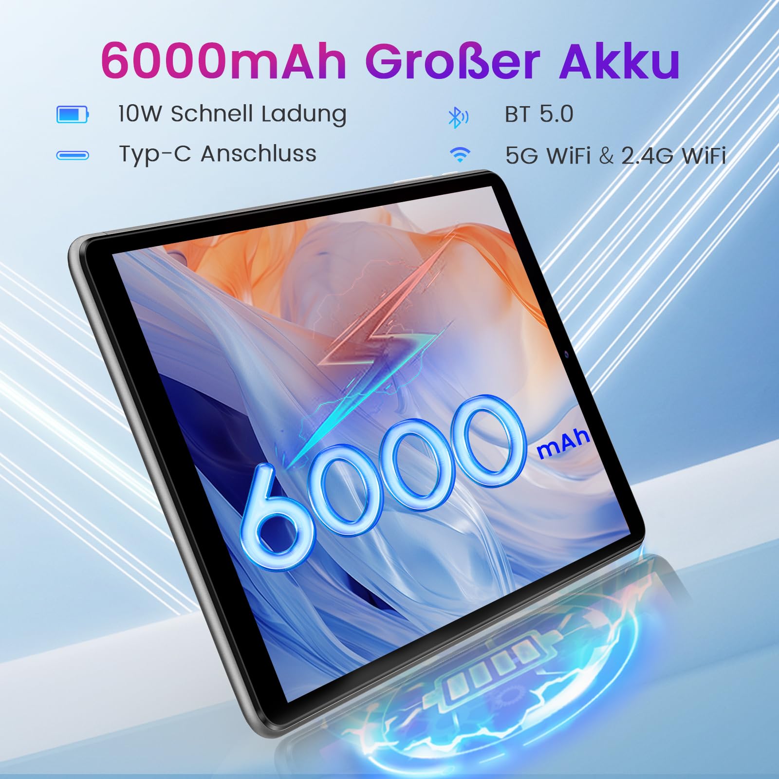 Azeyou Tablet 10 Zoll 2K FHD+Großes Display, 6000mAh Akku Android