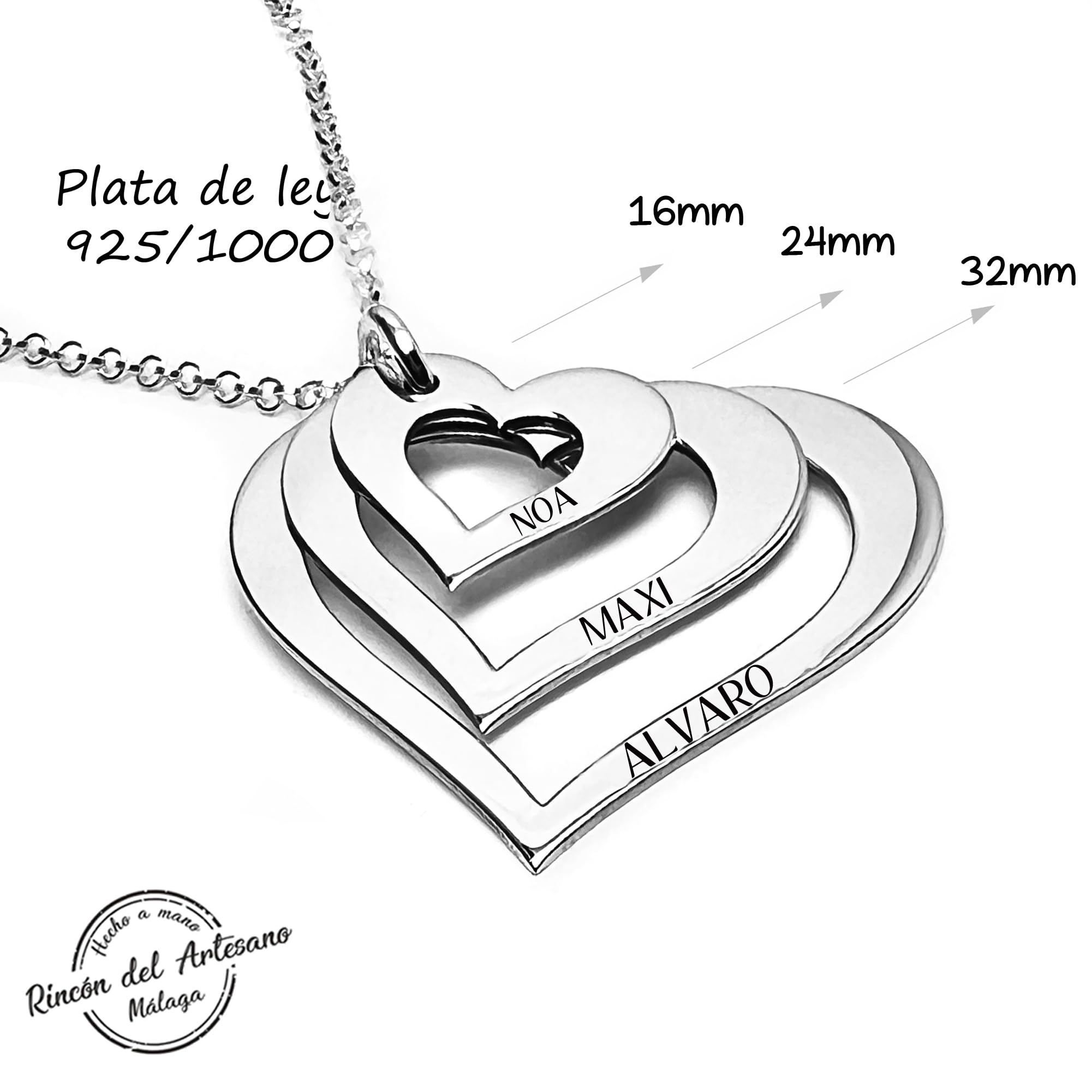 Collar Corazón Personalizado en Plata de Ley 925/1000 .Regalo Día de la Madre. Detalle Navidad. Joya Personalizada. Medidas 16-24-32mm. Modelo 3 Corazones 25