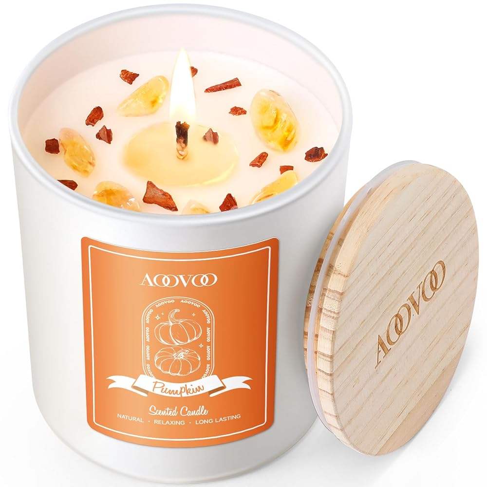 AOOVOO Pumpkin Scented Candles for Women - Aromatherapy Candle with Crystals Inside, 10oz Soy Candles for Home Scented, Birthday Gifts Candle for Women Mom