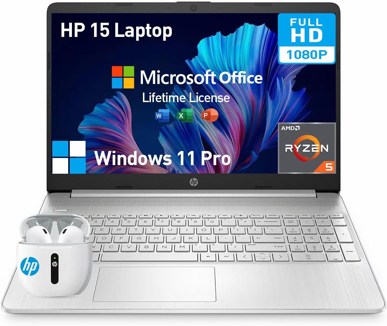 HP 15 FHD Laptop, 15.6 Inch Notebook Computer, AMD Ryzen 5