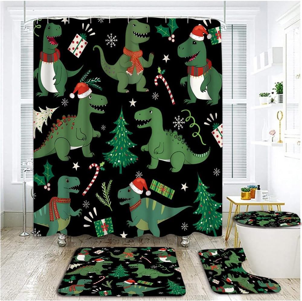 4 Piece Merry Christmas Shower Curtain Sets with Rugs, Toilet Lid Cover,Cute Cartoon Dinosaur Green Tree Forest Wild Animal Xmas Happy New Year Bathroom Shower Curtain with 12 Hooks