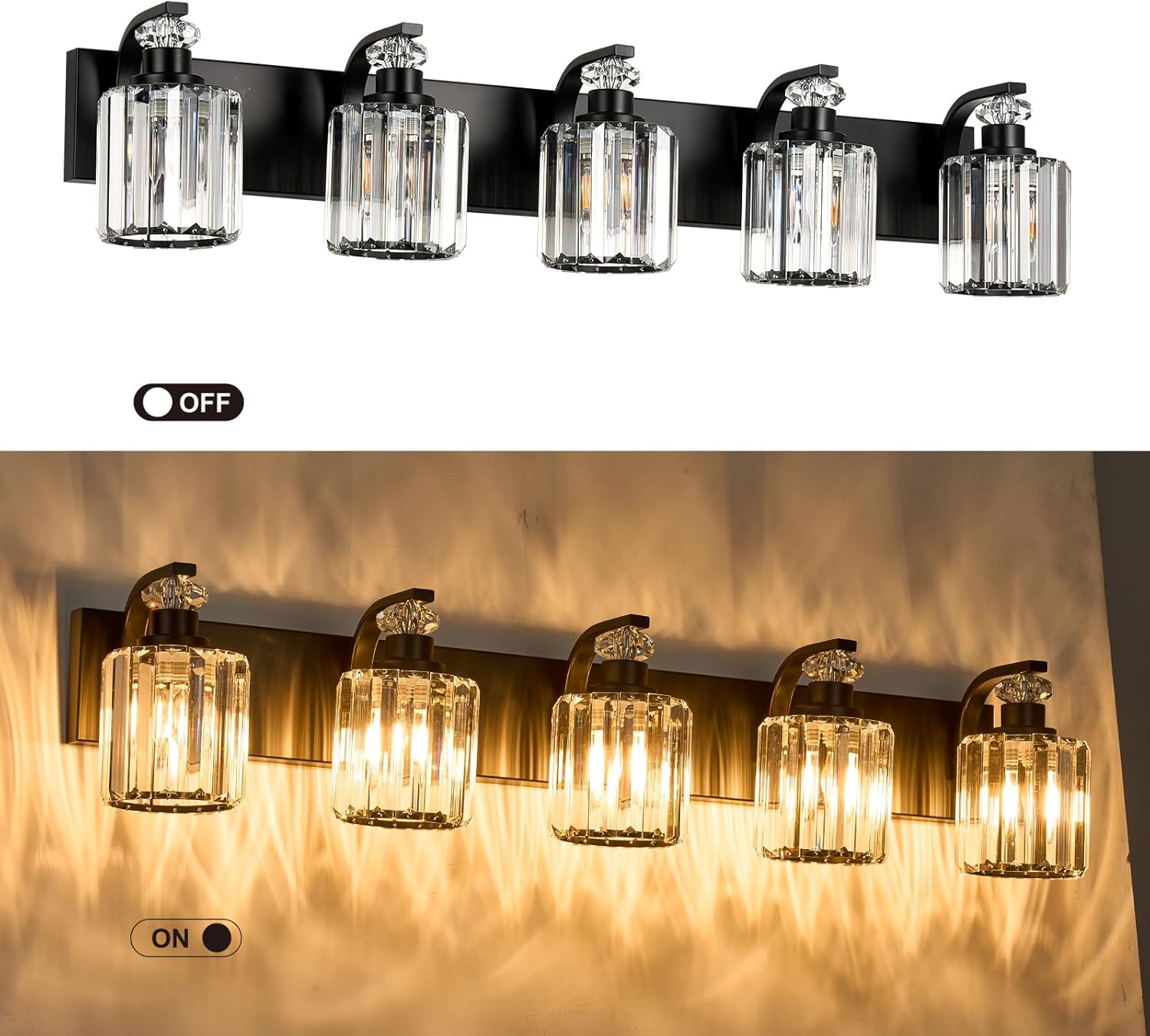 Black Bathroom Light Fixtures with K9 Crystal Lampshade Bathroom Lighting Over Mirror Vanity Lights for Living Room,Bedroom,Restroom,Hallway 5 Lights