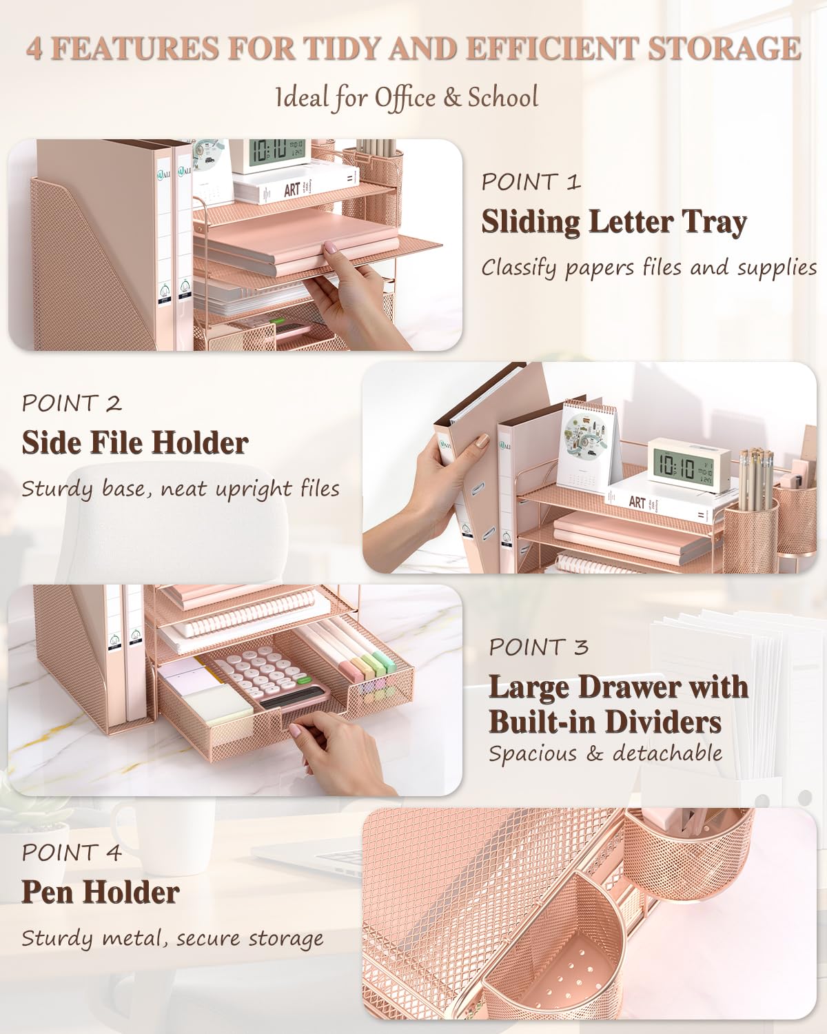 WALI Desk File Organizer, 4 Tier Desktop Paper Letter Tray Organizer with Drawer and 2 Pen Holders, Office Desk Accessories & Workspace Organizers for Office, Home, School Supplies, 1 Pack, Rose Gold view 4