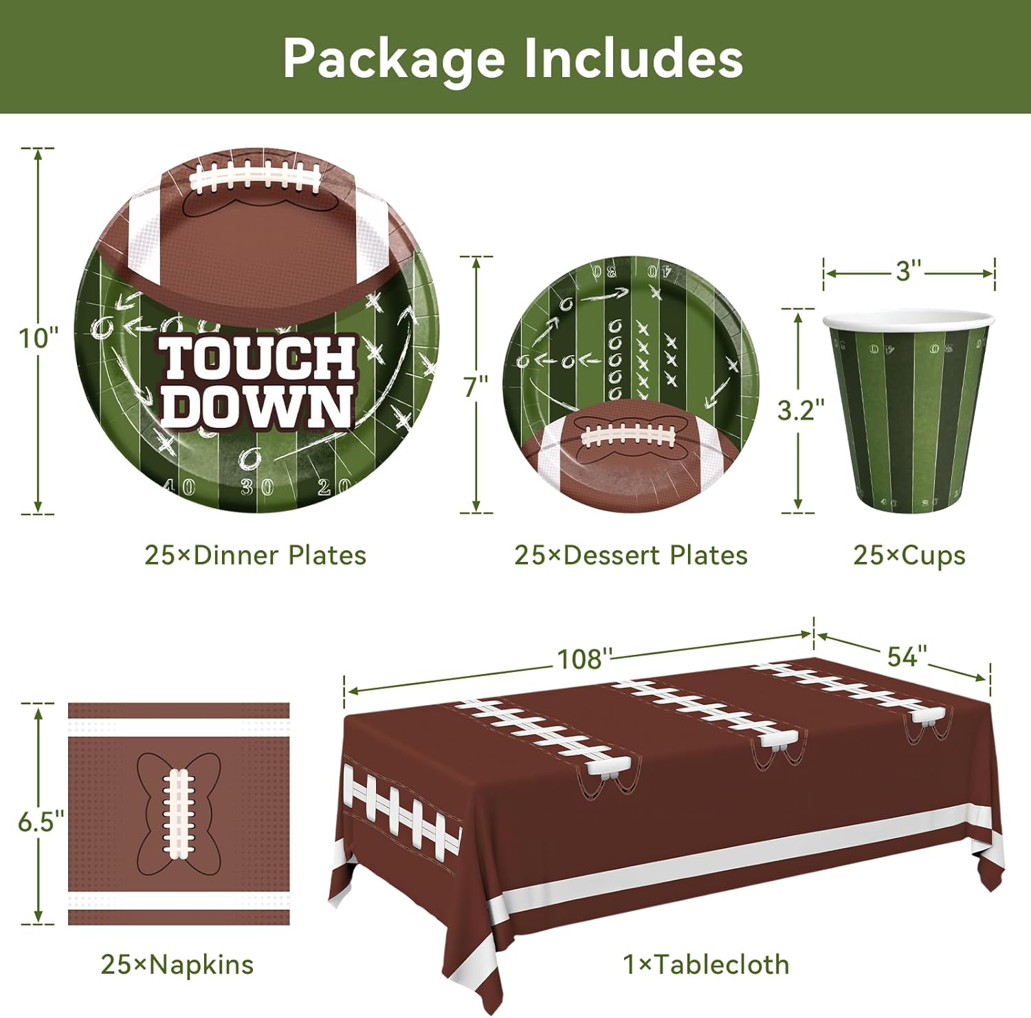 Football Paper Plates and Napkins and Cups Set 101 Count, Heavy Duty 10'' and 7'' Disposable Plates, Paper Cups and Tablecloth, Super Bowl Party Table Decorations Supplies, Serve 25 - Image 2