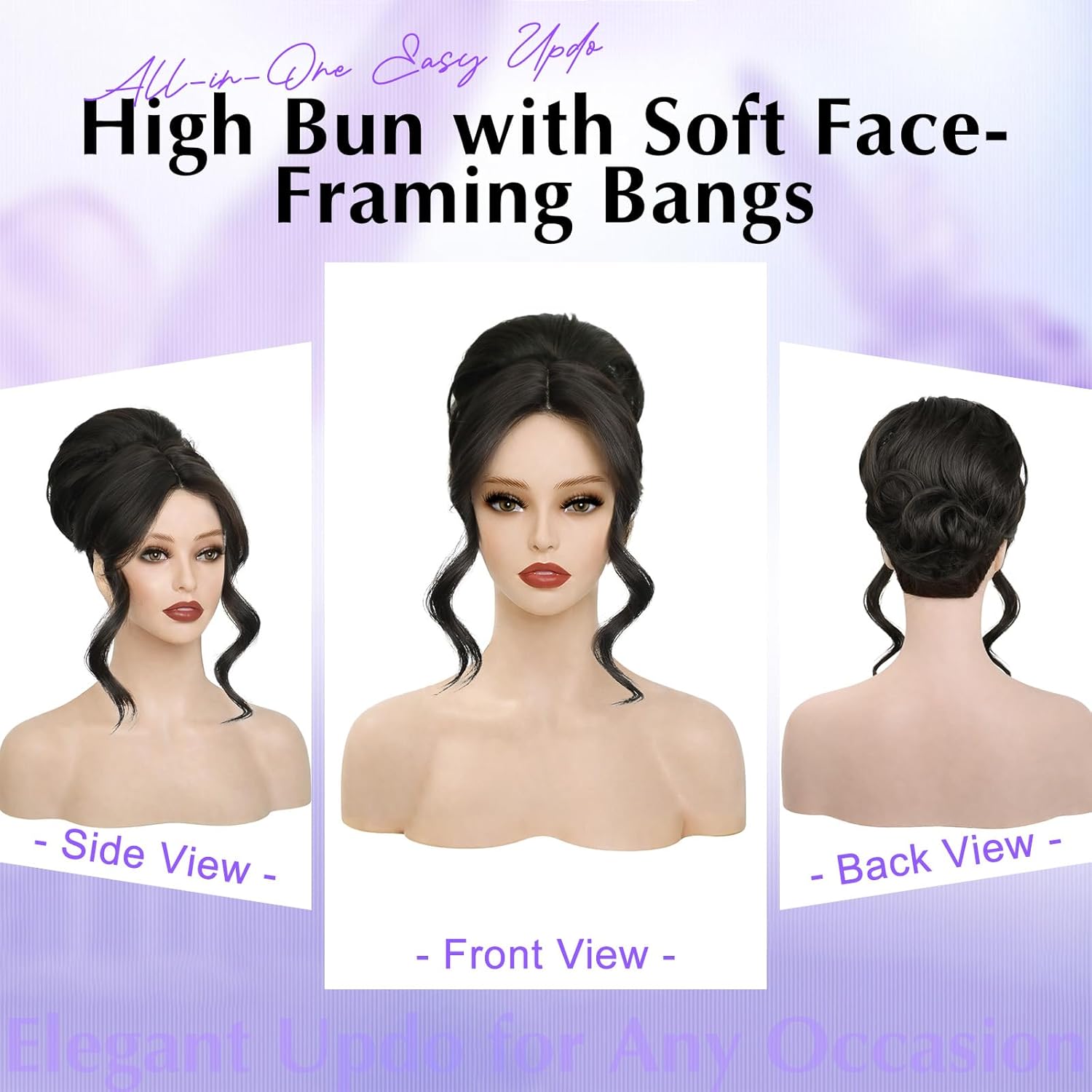 Black Brown 2-in-1 Messy Bun Hairpieces Ponytail Wig with Bangs Drawstring Ponytail Updo Wig Synthetic Hairpieces for Women Hair Topper with Lace Side Bangs Natural Looking Lightweight