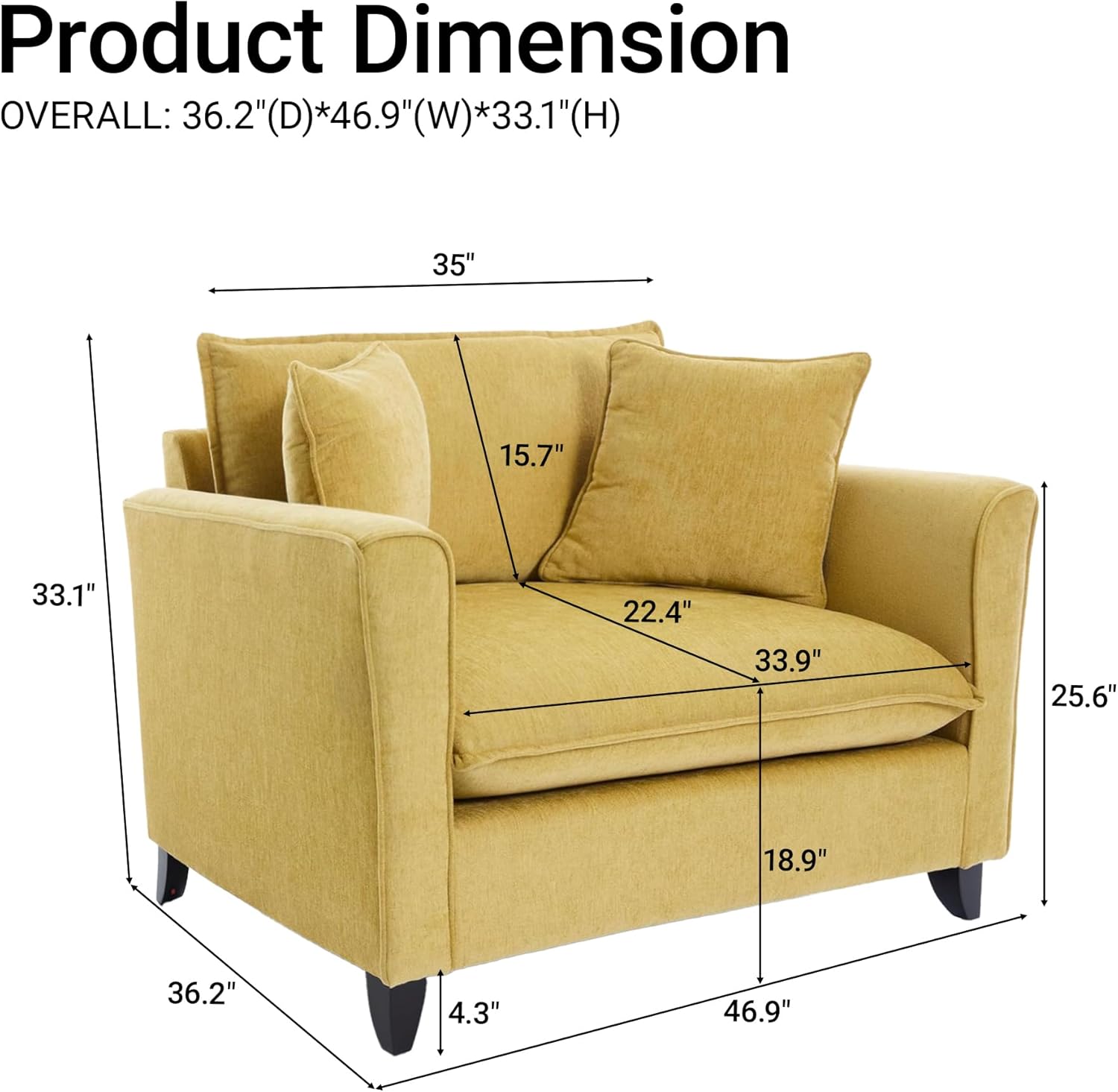 ERYE 46.9" Chenille Upholstered Accent Chair Wide Seat for Living Room Bedroom, Modern Leisure Cushion Armchair W/ 2 Pillows and Removable Cover for Home Apartment Office Yellow