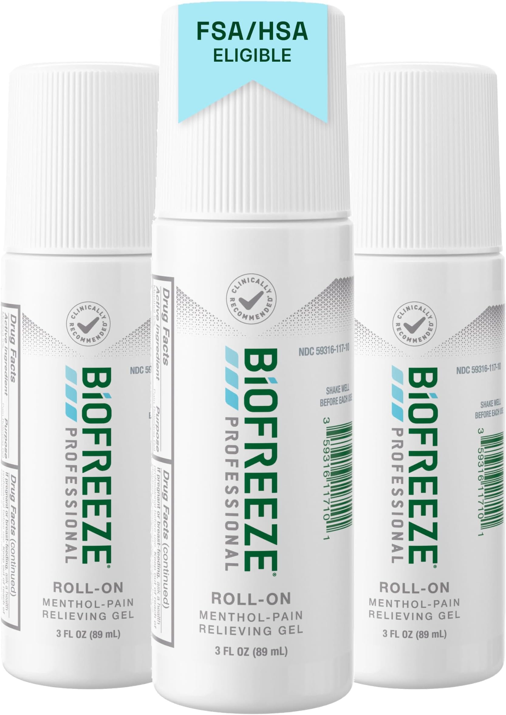 Biofreeze Professional Pain Relief Roll-On, Menthol Gel, 3 FL OZ (3 Pack)