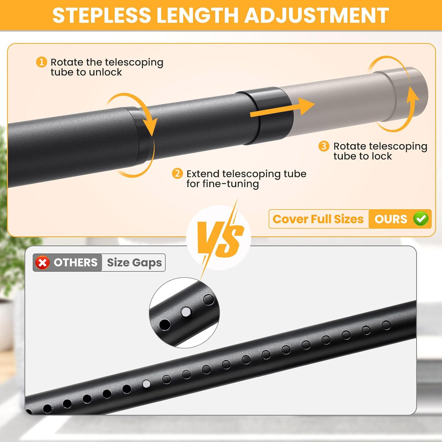 Closet Rods for Hanging Clothes, 17-84 Inch No-Cut Stepless Adjustable Closet Rod, 1.3 Inch Heavy Duty Metal Closet Hanging Rod with Brackets, Black Closet Bar for Closet, Laundry Room, RV, Wardrobes - Image 2