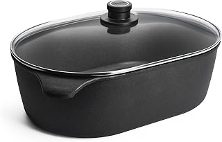 Woll Nowo Titanium Jumbo Roaster with Glass lid in Box 40x27 cm 13 cm high 10.5 Liter Suitable for Ceramic, Gas, Electric, Halogen-not Suitable for Induction, cast Aluminum Pot, ovenproof, Black