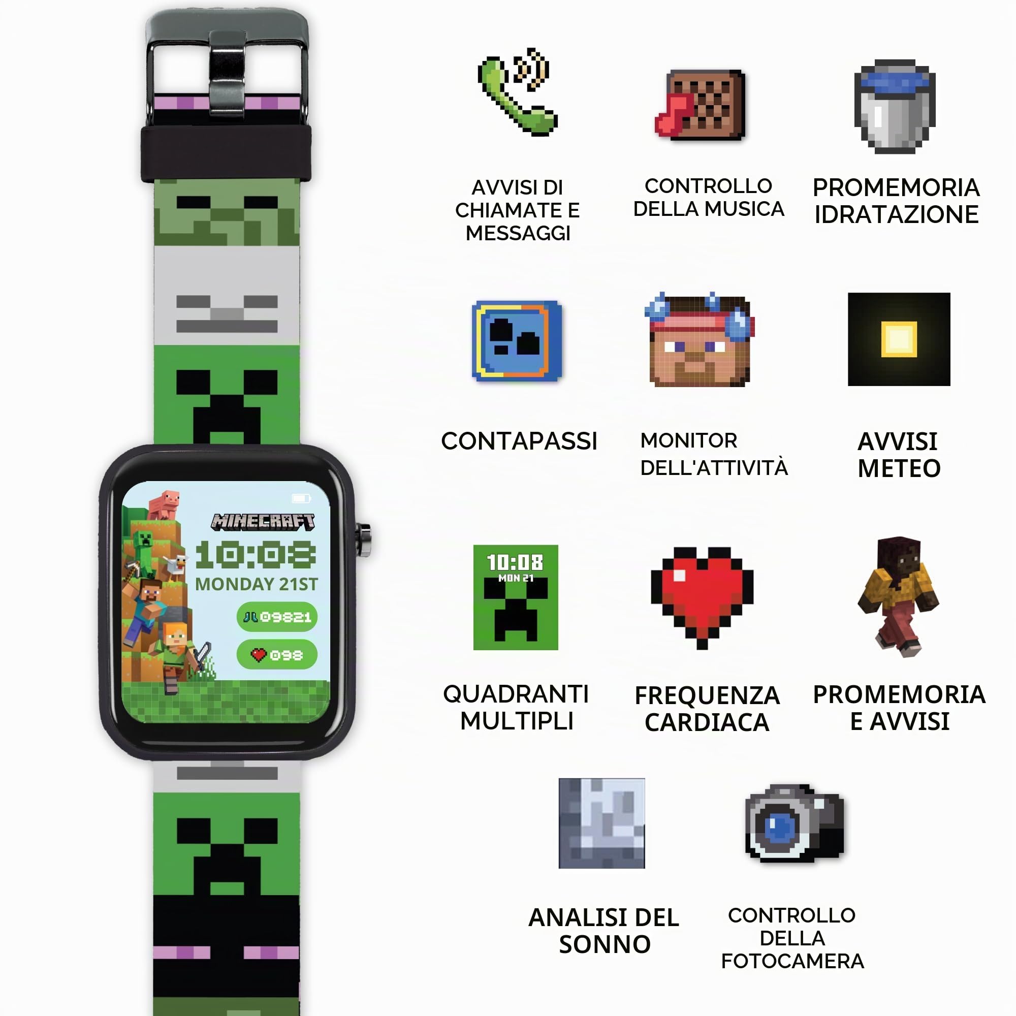 Accutime Minecraft MIN4363ARG - Orologio intelligente per bambini con cinturino stampato verde