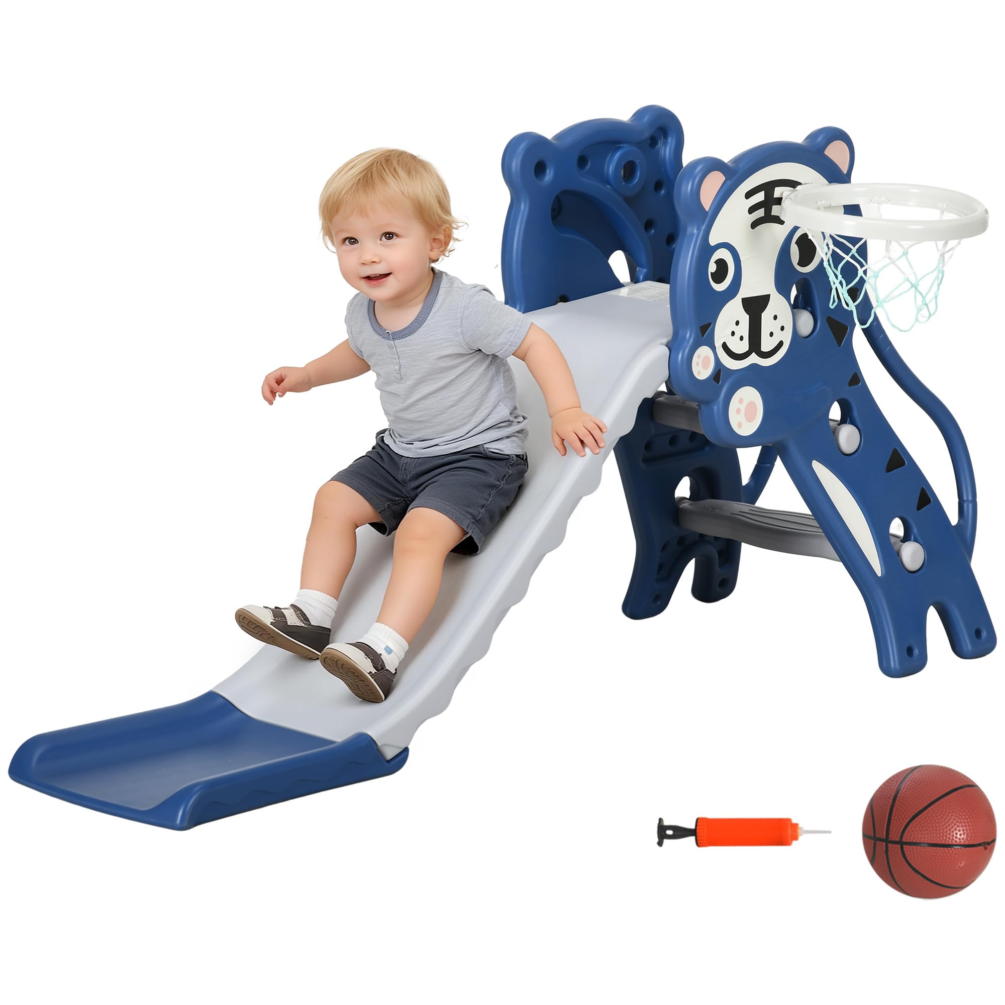 AIYAPLAY Kids Slide, 3 in 1 Freestanding Toddler Slide with Basketball Hoop, Climber, Basketball, Indoor Outdoor Tiger-Themed Playset for Ages 18-36 Months, Blue โ image 1