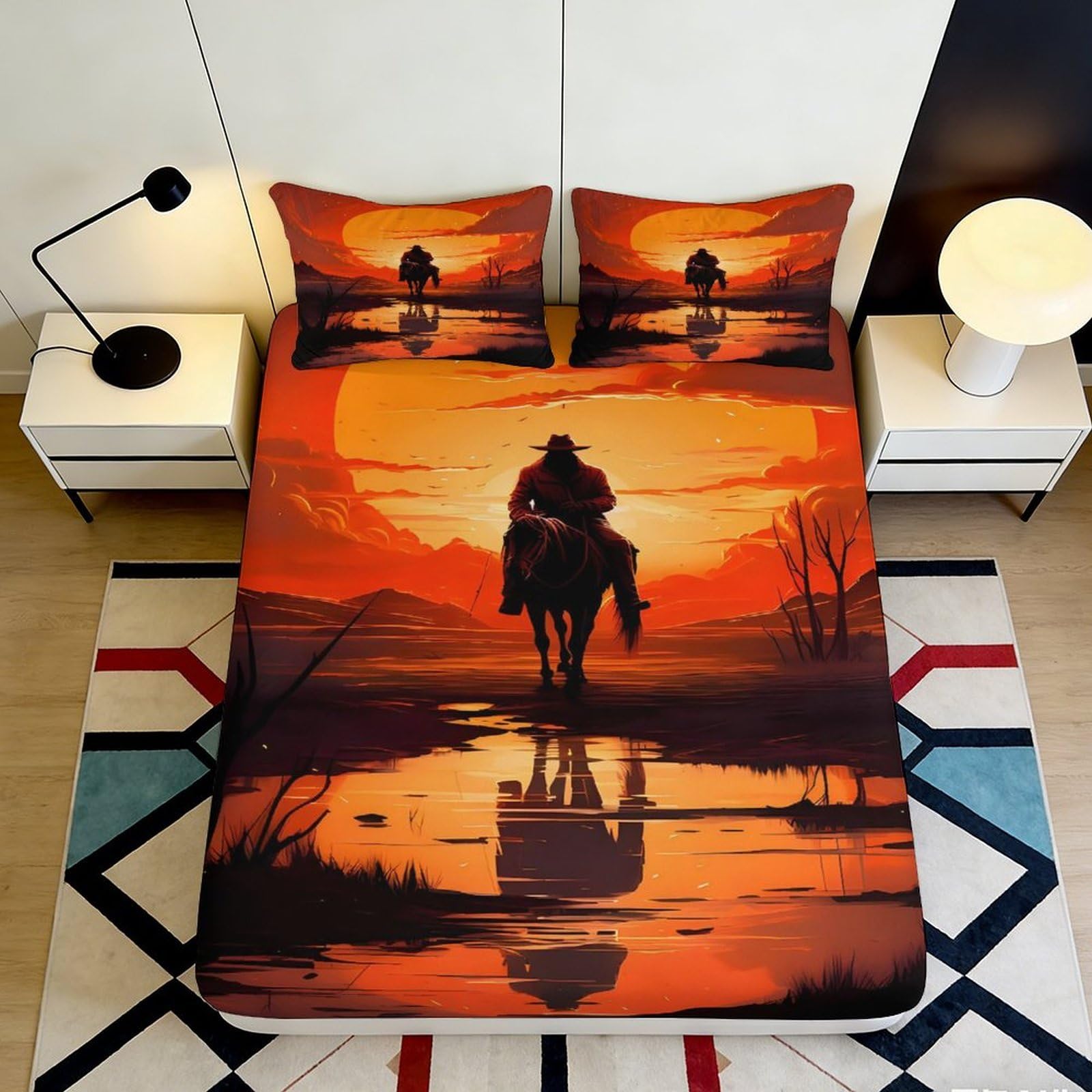 3D Printed Sunset Cowboy Fitted Sheet Microfiber Soft Orange Western Landscape Mattress Cover for Bedroom Decor 90x200x25cm