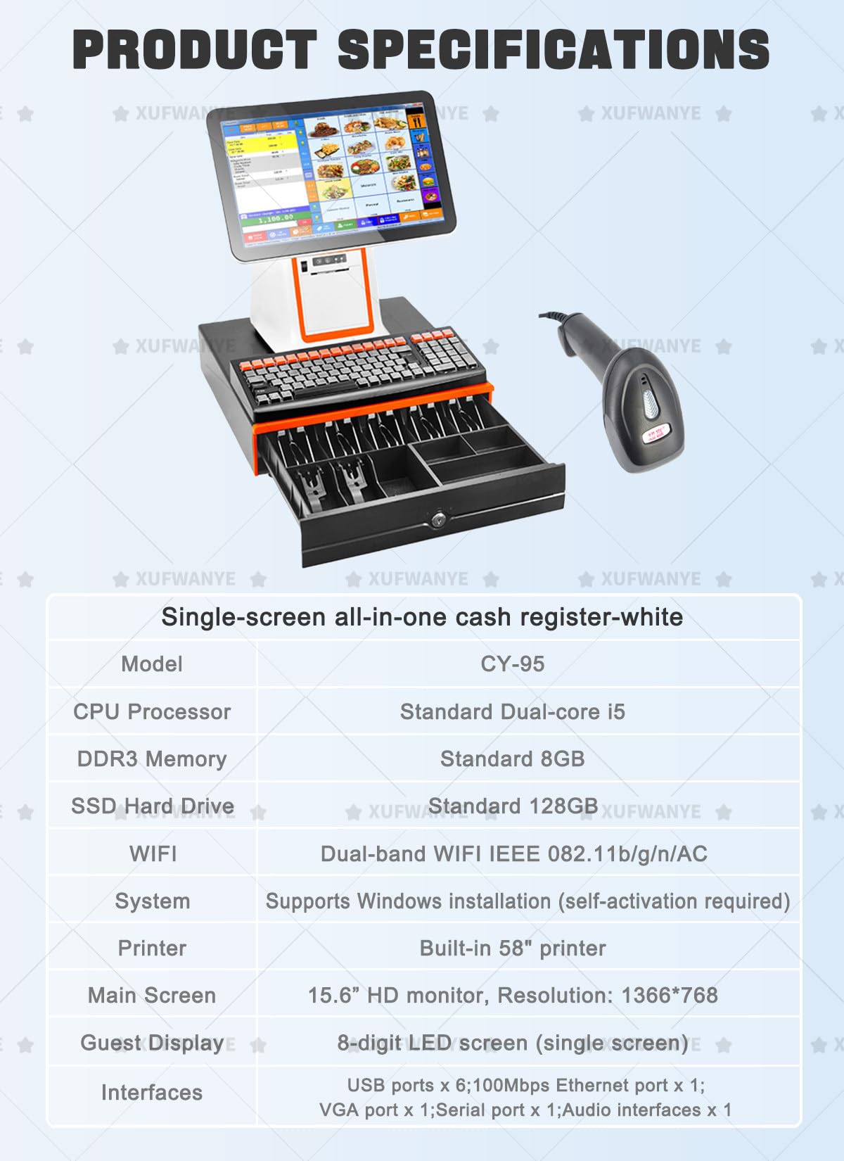 Registratore di Cassa Professionale all-in-One da 15,6" per Piccole Imprese, con Touch Screen Singolo/Doppio, cassetto Contanti, Lettore Codici a Barre, Stampante White-Single
