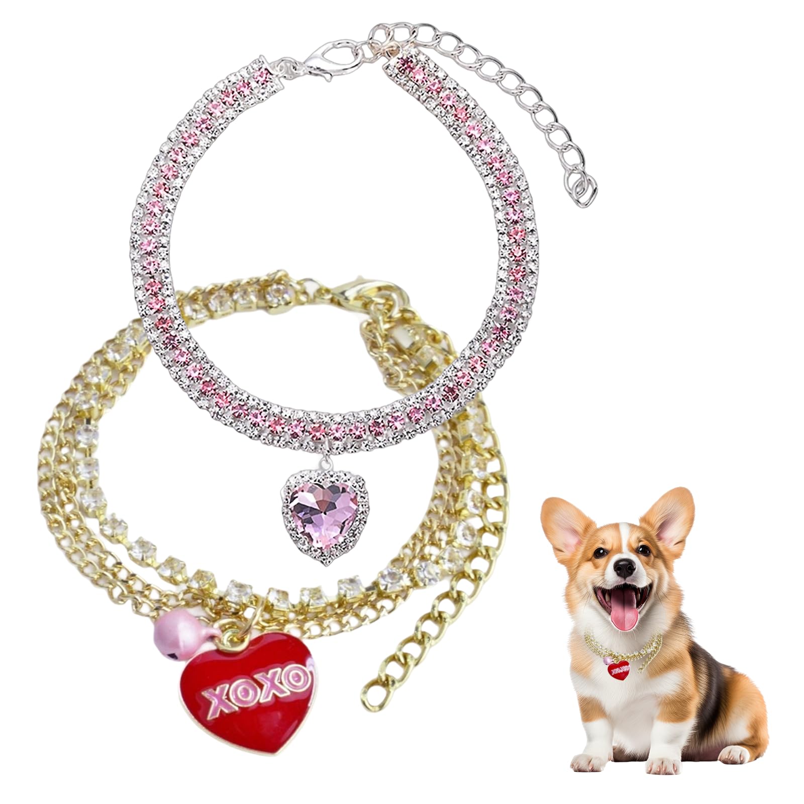 Ganbuyrii 2pcs Exquisite and Adjustable Rhinestones with Heart Shaped Necklace Pet Gem Necklace Small Cat and Dog Rhinestone Collar(7.08 Inches