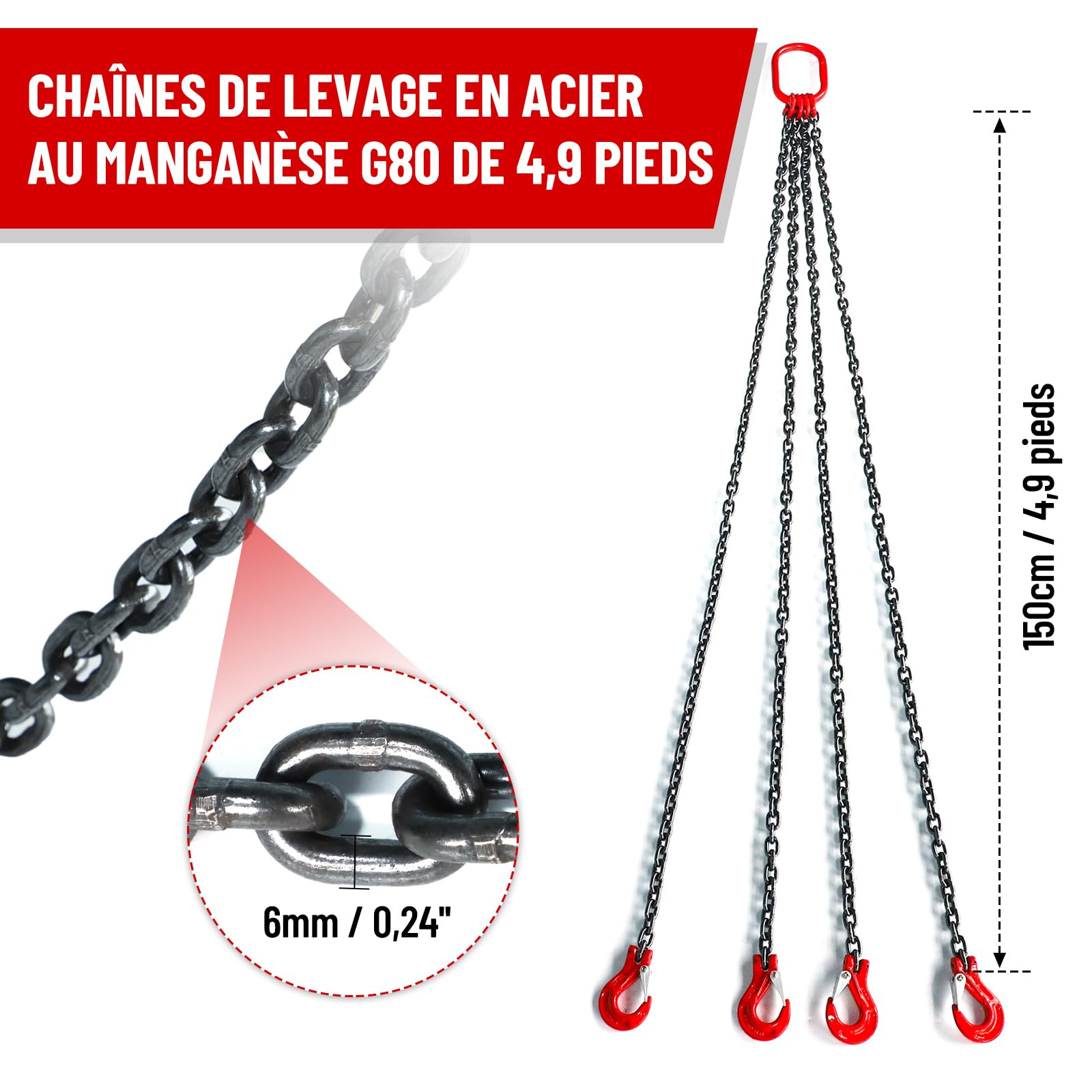 G80 en Acier au Manganèse Elingue de Levage, Chaîne de Levage de Capacité de Levage de 3000 kg, 1,5 m 4 Chaînes avec Crochets de Levage, Chaine de Levage de 6 mm d'épaisseur pour Levage Lourd