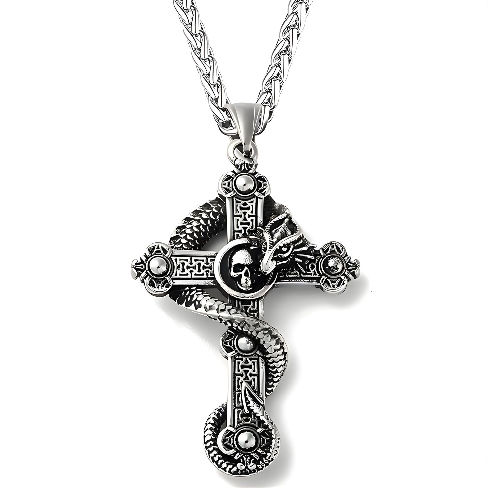 stainless steel antique silver finish 'cruciviper' snake curled on cross hip-hop big pendant necklace with wheat chain for men and boys | rugged macho style bold biker statement jewellery for daily, club, party use & gifting (nk1509) 1pc