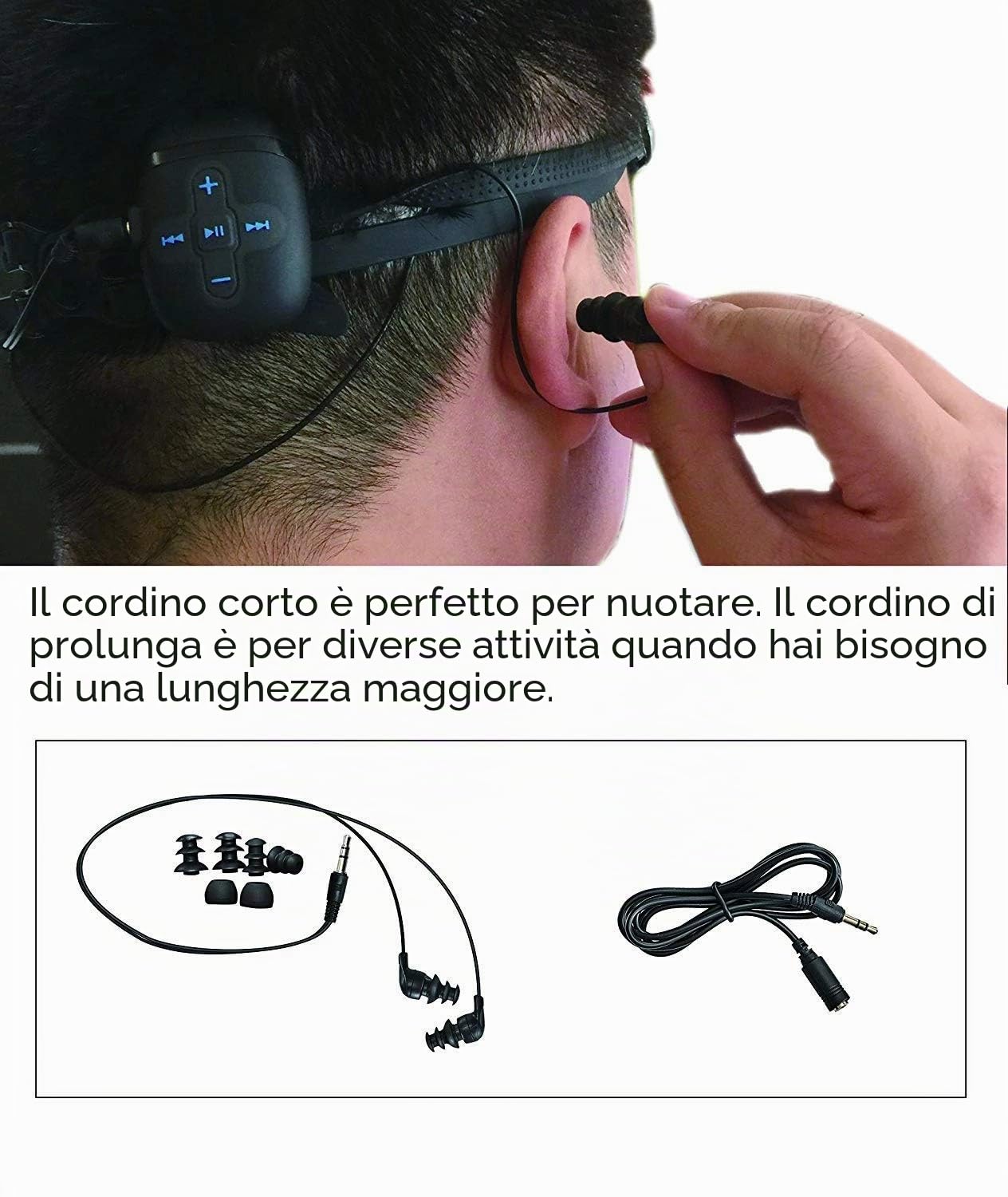 Lettore MP3 Subacqueo Impermeabile IPX8, HIFI MP3 Subacqueo Nuoto per Nuoto e Corsa, Cuffie Subacquee con Cavo Corto (3 Tipi Di Auricolari), Funzione Shuffle (Blu)