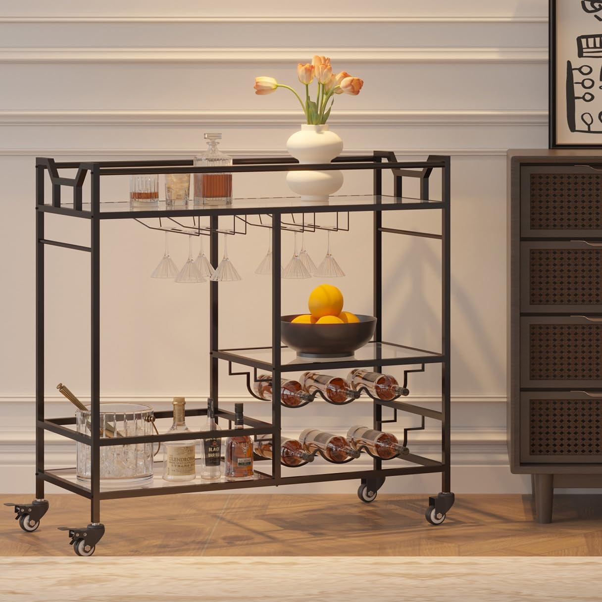 Black Bar Cart, Home Bar Serving Cart with Handle, Wine Cart with 3-Tier Glass Shelves, Beverage Cart with Wine Rack and Glass Holder, Bar Carts for The Home, Dining Room