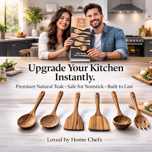 Miniatura 2 de Juego de utensilios de cocina de madera de teca de 6 piezas, cucharas y espátulas para utensilios de cocina antiadherentes, resistentes al calor,