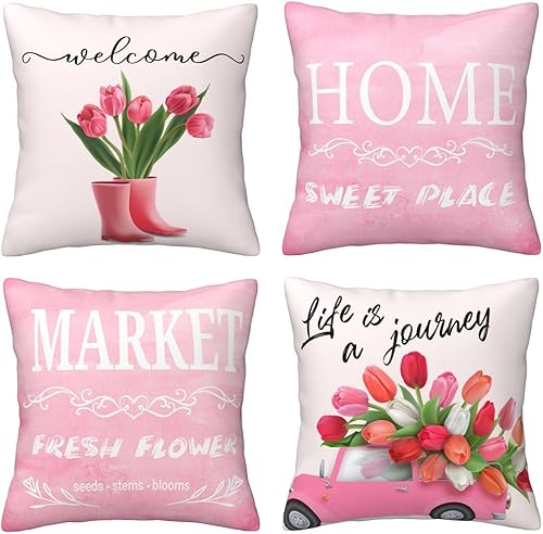 Yrassio Juego de 4 fundas de almohada decorativas de 18 x 18 pulgadas para sofá, diseño de flores de tulipanes rosados, fundas cuadradas para