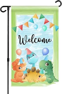 Dinosaur Welcome Garden Flag - Welocm Home Party Door Sign - Kid Birthday Yard Lawn Sign - Cute Dinosaur Party Garden Indoor Outdoor Decoration Supplies - Double Sided 12" x 20" (Dinosaur)